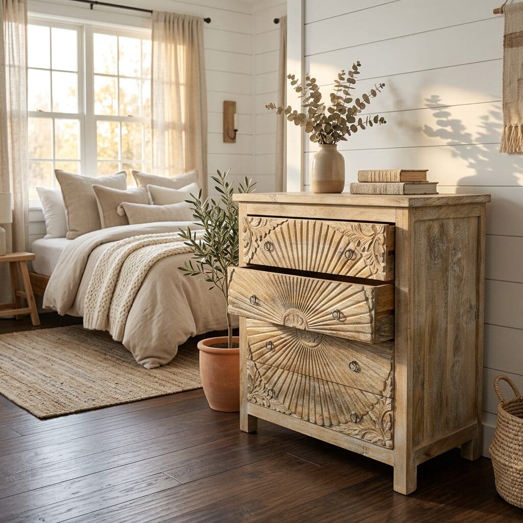Hand-Carved Four Drawer Sandblast Wood Dresser