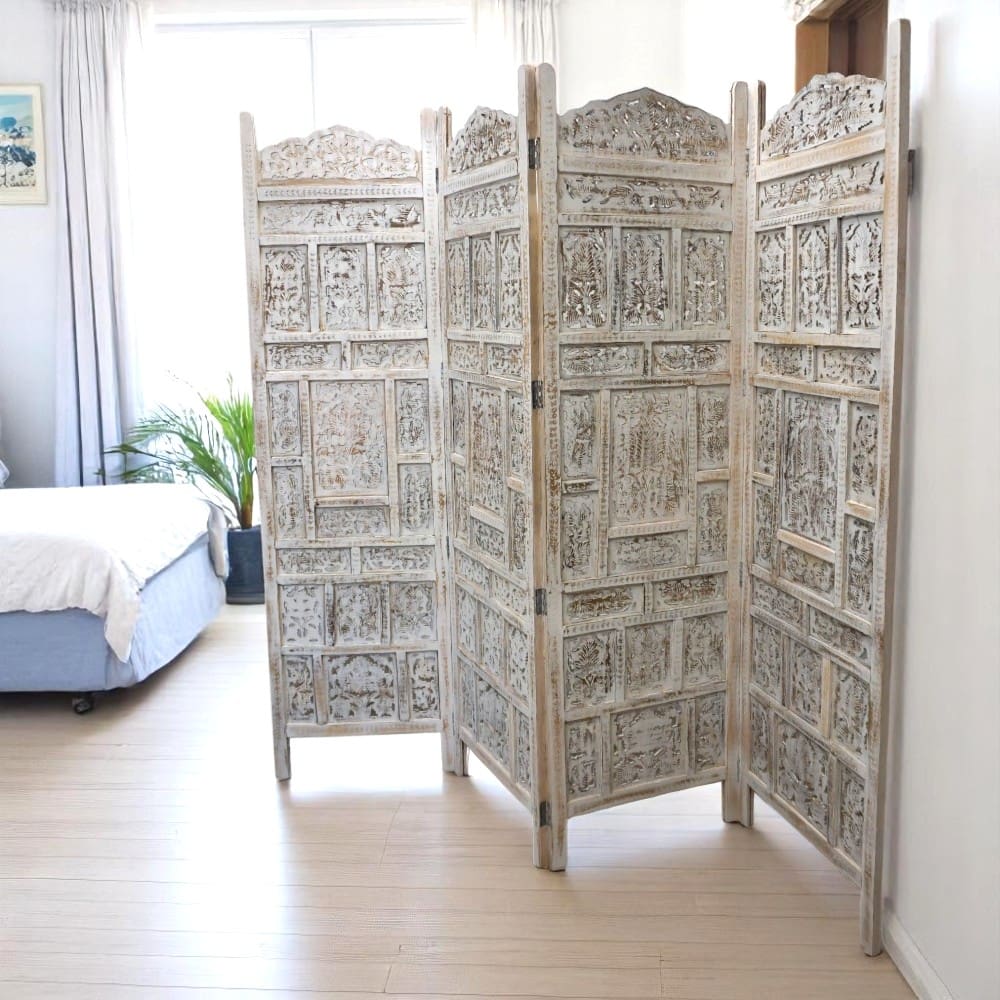 Hand-Crafted Whitewashed Wood Screen Room Divider image 1