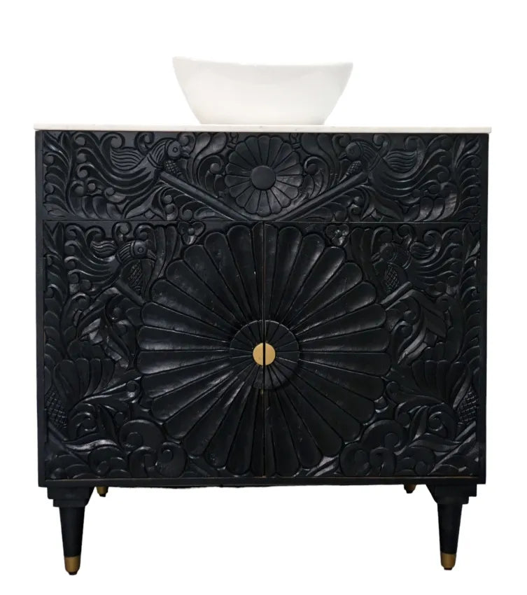 Black Bathroom Vanity Hand-Carved with Marble Top and Basin image 14