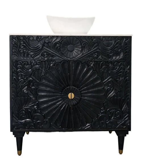 Black Bathroom Vanity Hand-Carved with Marble Top and Basin image 14