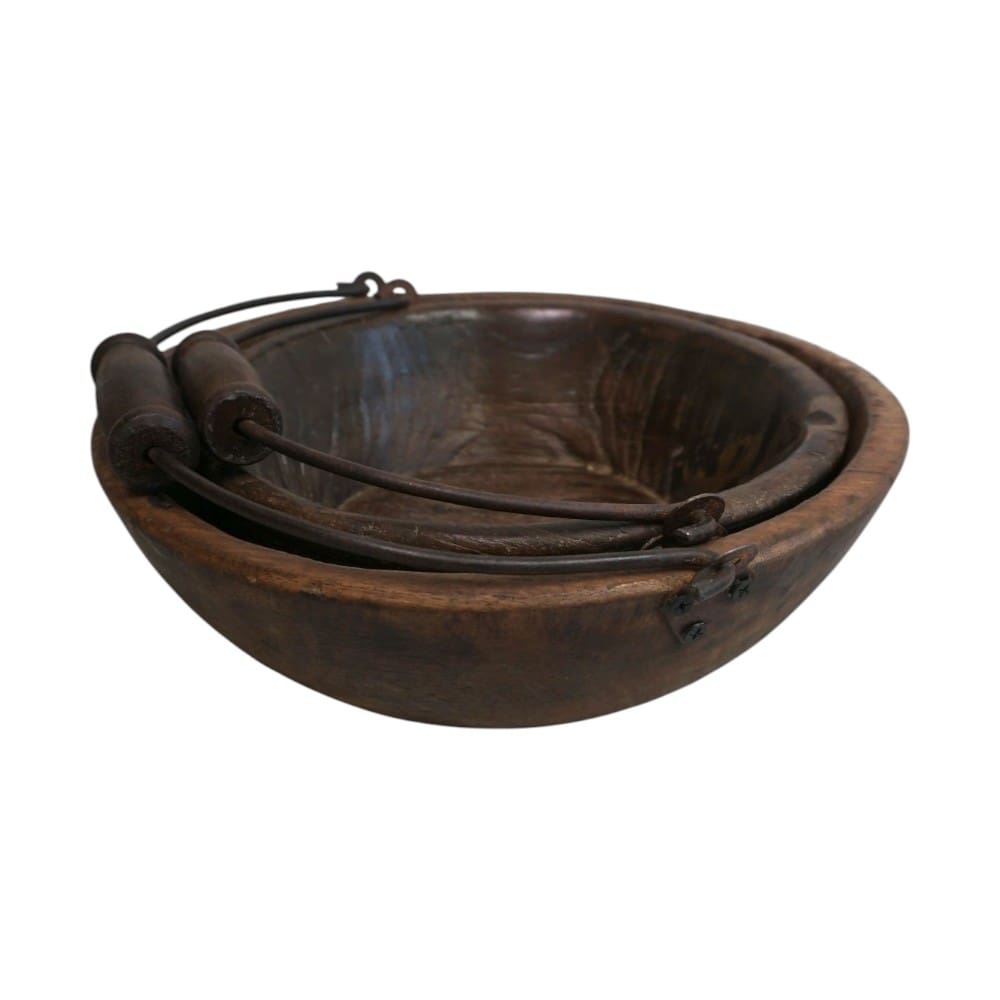 Vintage Wooden Bowls with a Handle Set of 2 image 7