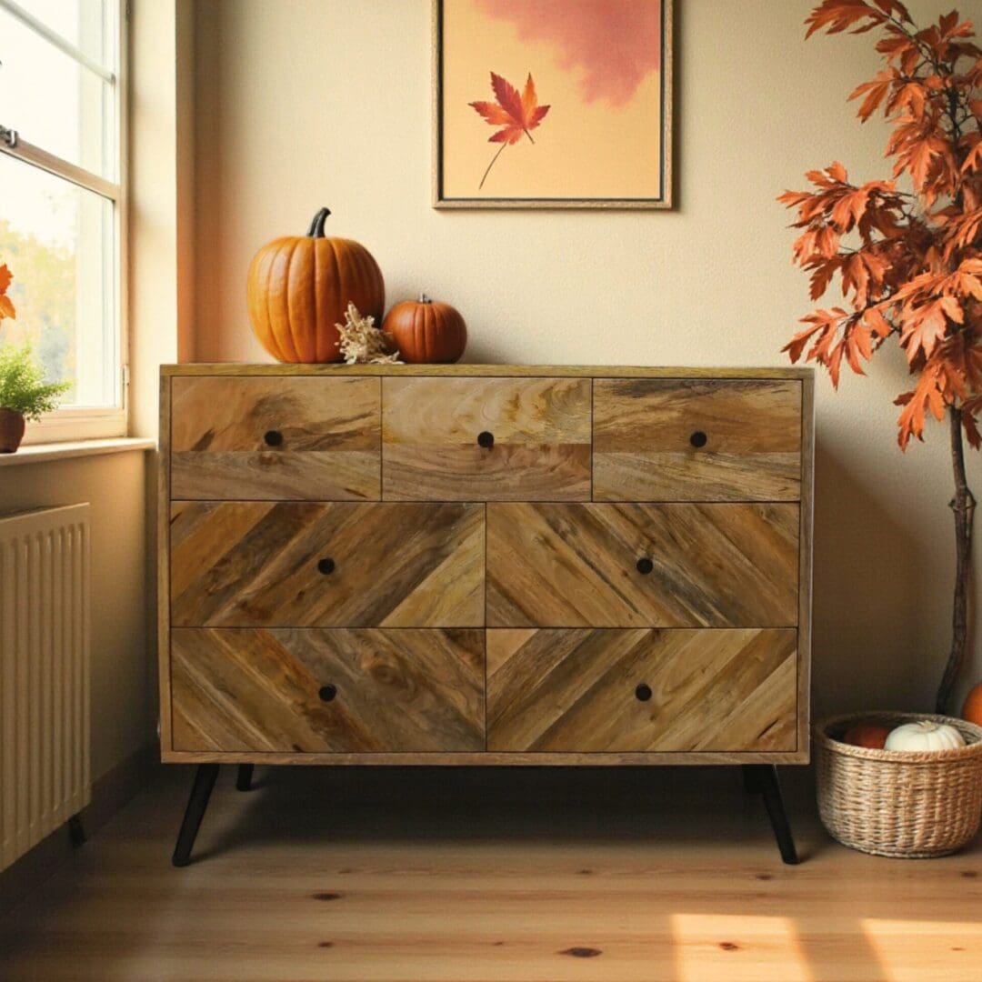 Natural Wood 7 Drawer Dresser with Metal Legs image 0
