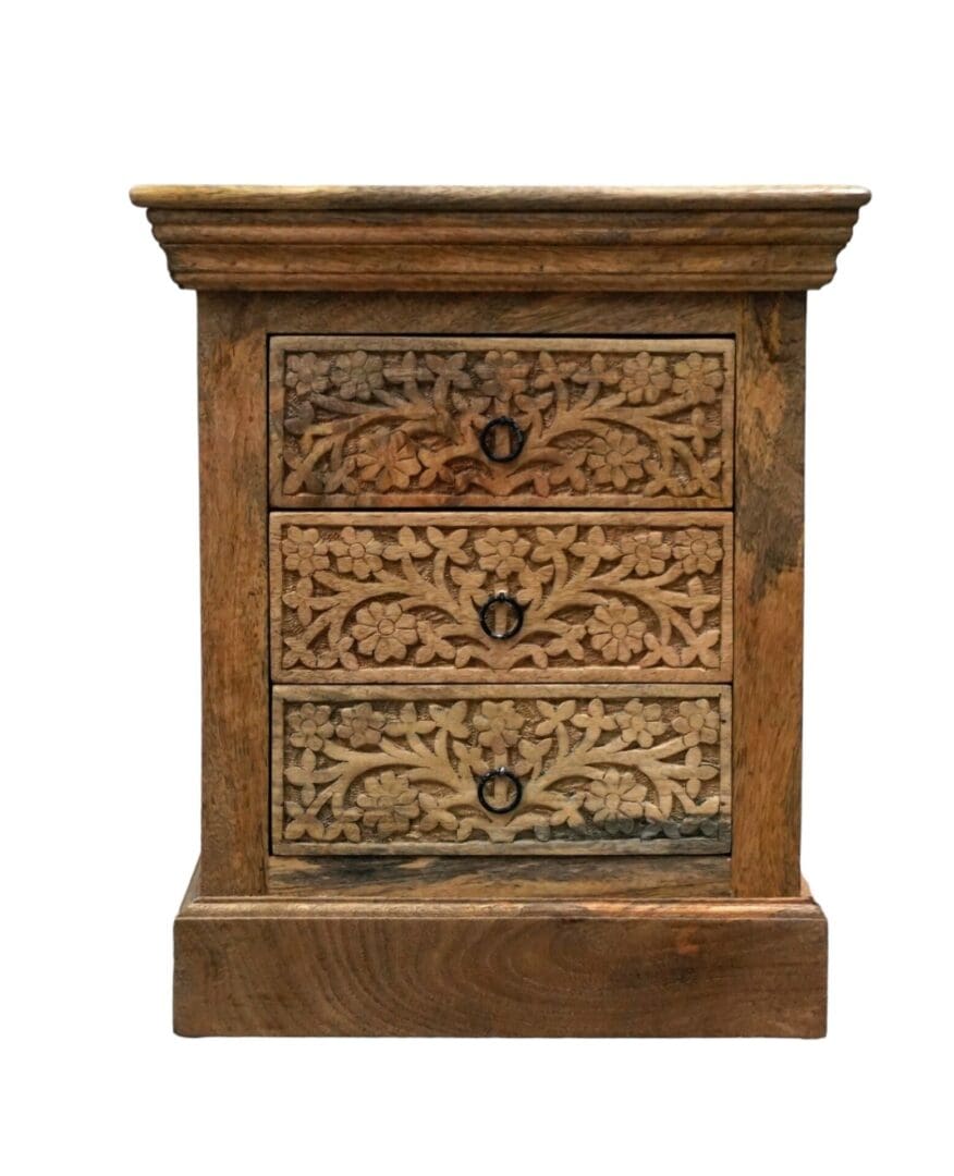 Natural Wood Nightstand Intricate Hand Carved 3 Drawers image 2