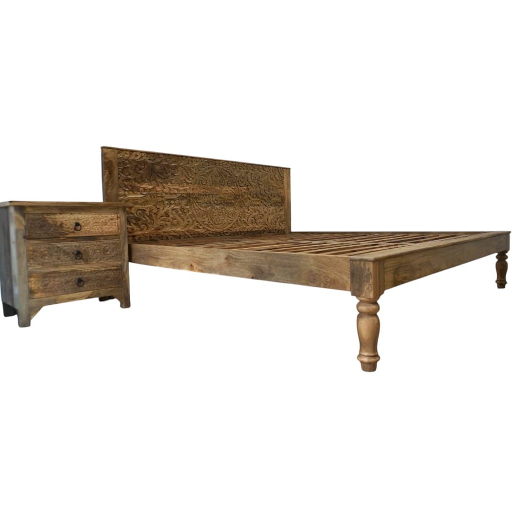 Hand-Carved Queen Bedframe Natural Floral image 6