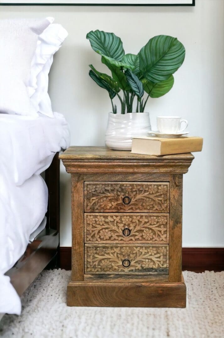 Natural Wood Nightstand Intricate Hand Carved 3 Drawers image 1