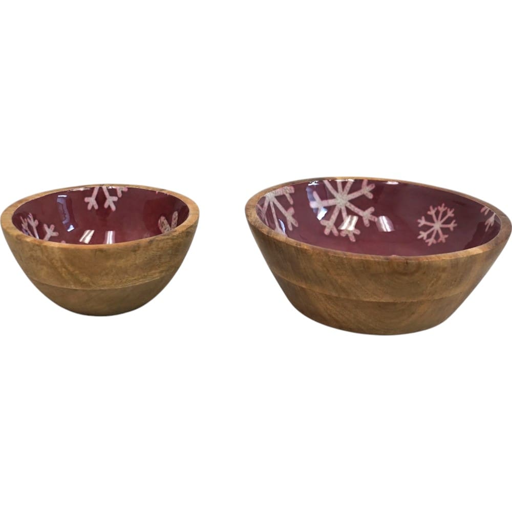 Set of 2 Winter Bowls in Natural Wood with Red and White Enamel image 2