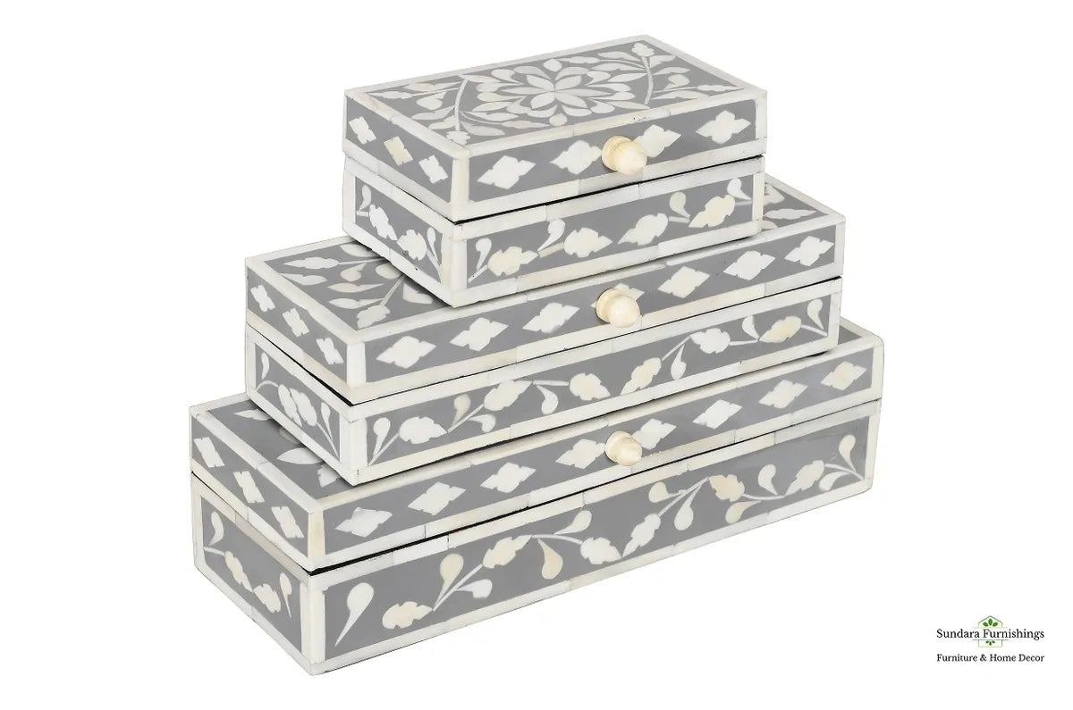 Set of 3 Inlay Boxes Hand-crafted in Gray and White image 1