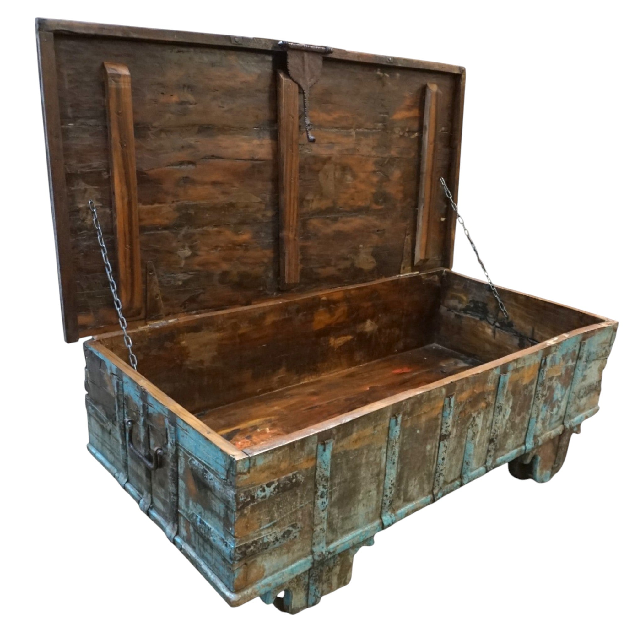Handcrafted Large Reclaimed Wood Trunk Coffee Table | Storage & Wooden Wheels