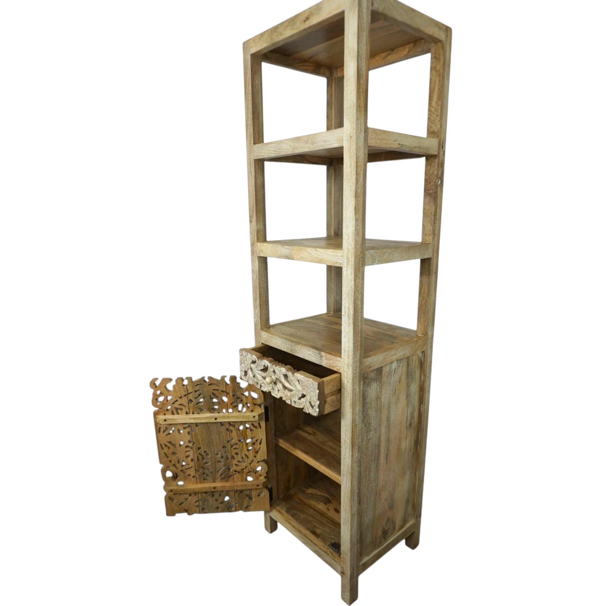Handcrafted Mango Wood Linen Tower Cabinet | Hand-Carved Cutout Doors