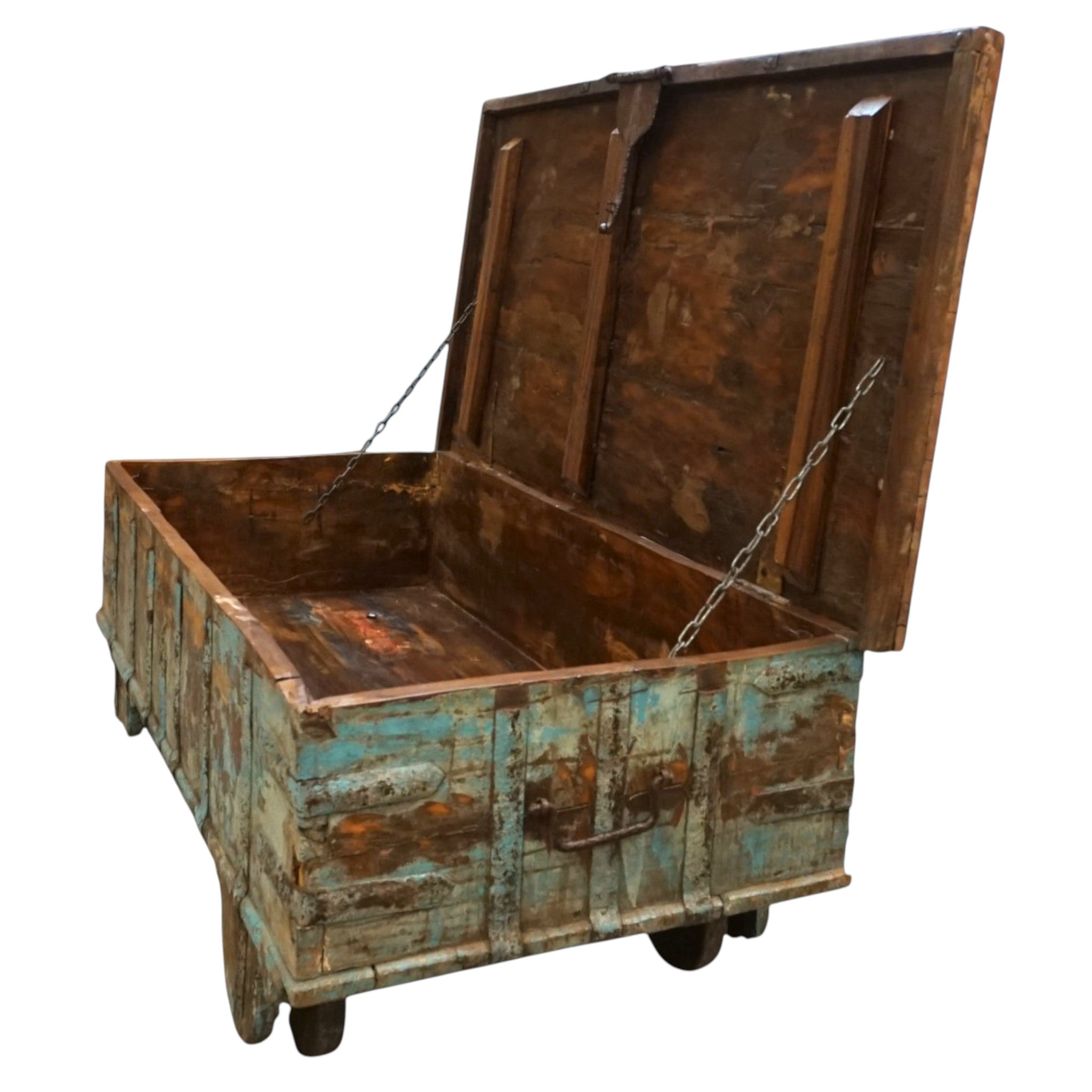Handcrafted Large Reclaimed Wood Trunk Coffee Table | Storage & Wooden Wheels