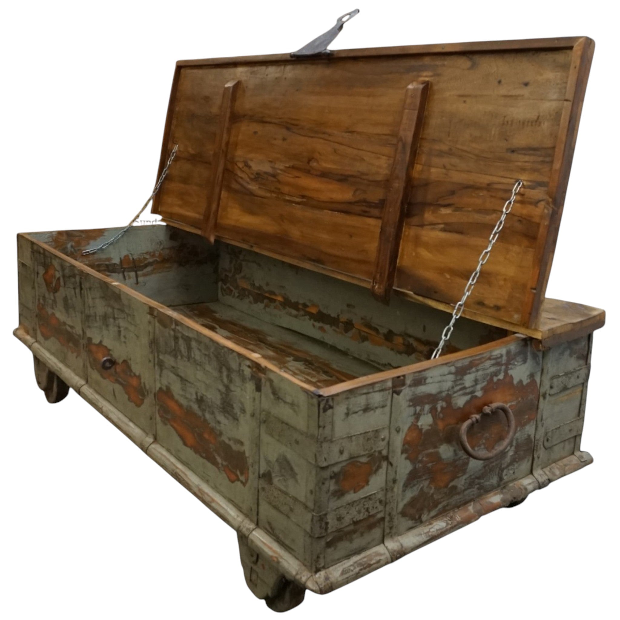 Handcrafted Large Reclaimed Wood Trunk Coffee Table | Storage & Wooden Wheels