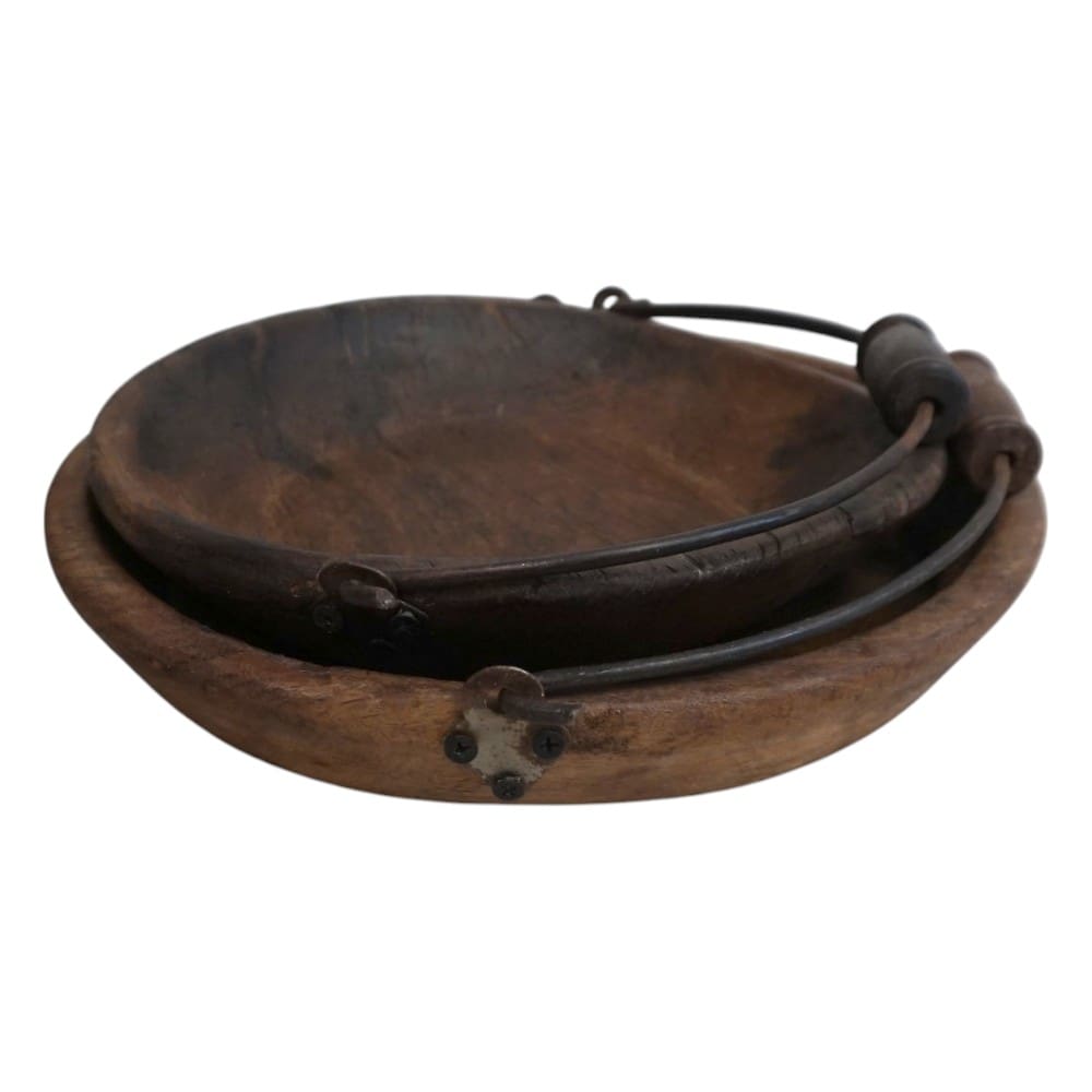 Vintage Wooden Bowls with a Handle Set of 2 image 4