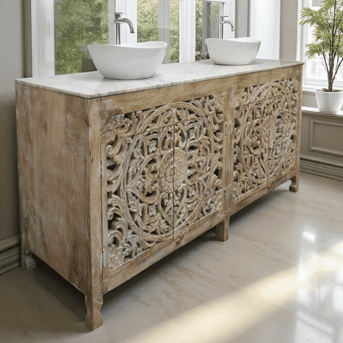 Natural Wood Double Vanity Gorgeous Hand-carved Detail image 0