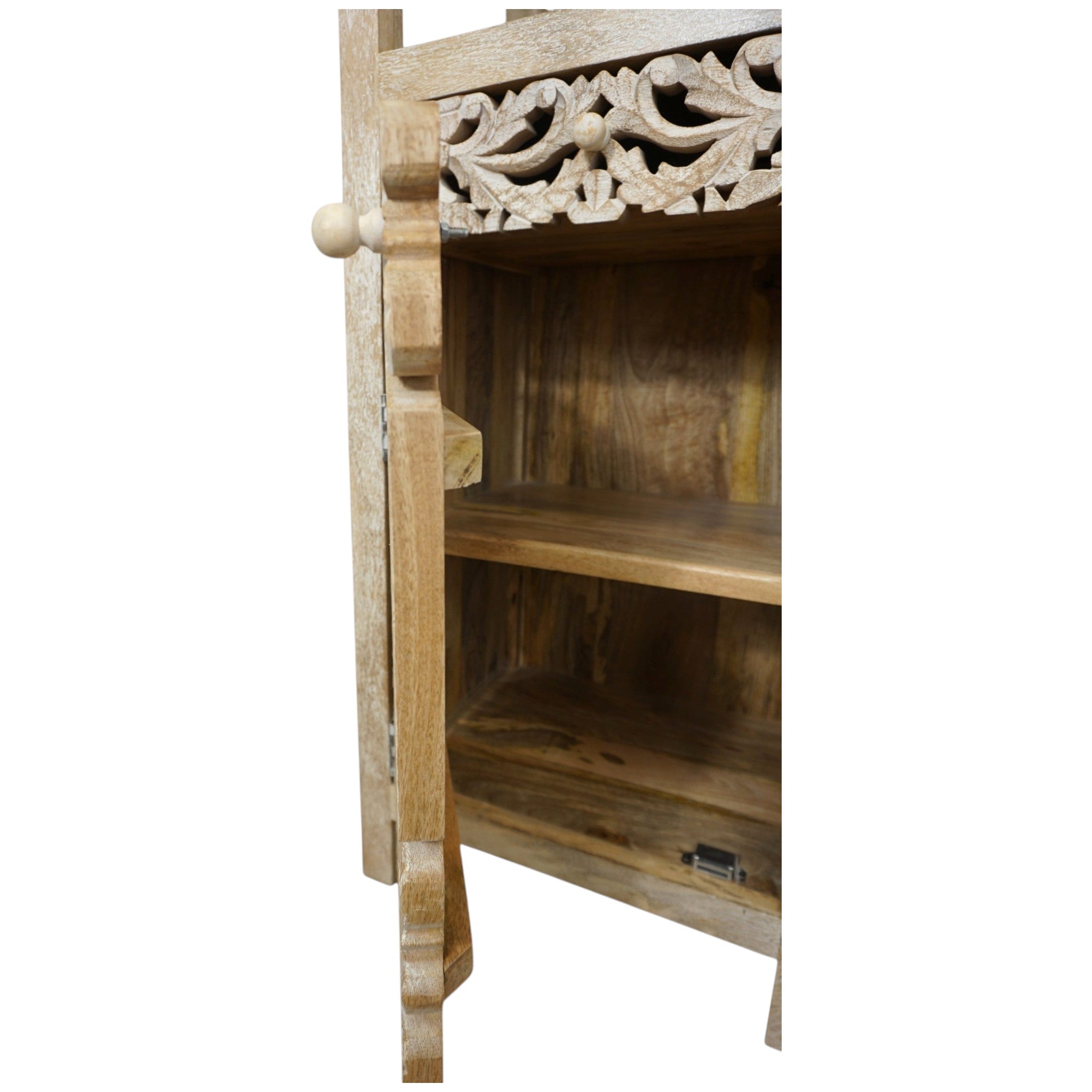 Handcrafted Mango Wood Linen Tower Cabinet | Hand-Carved Cutout Doors