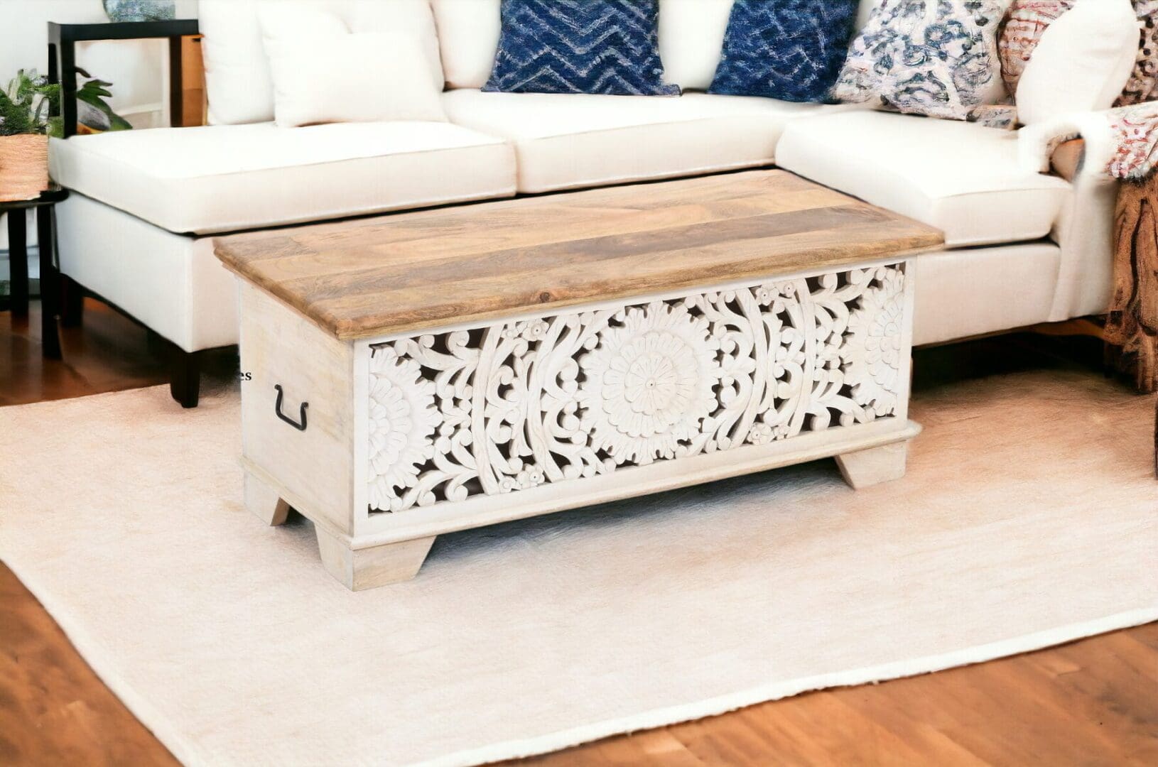 Hand-carved Mandala Cut-Out Bench Trunk image 0