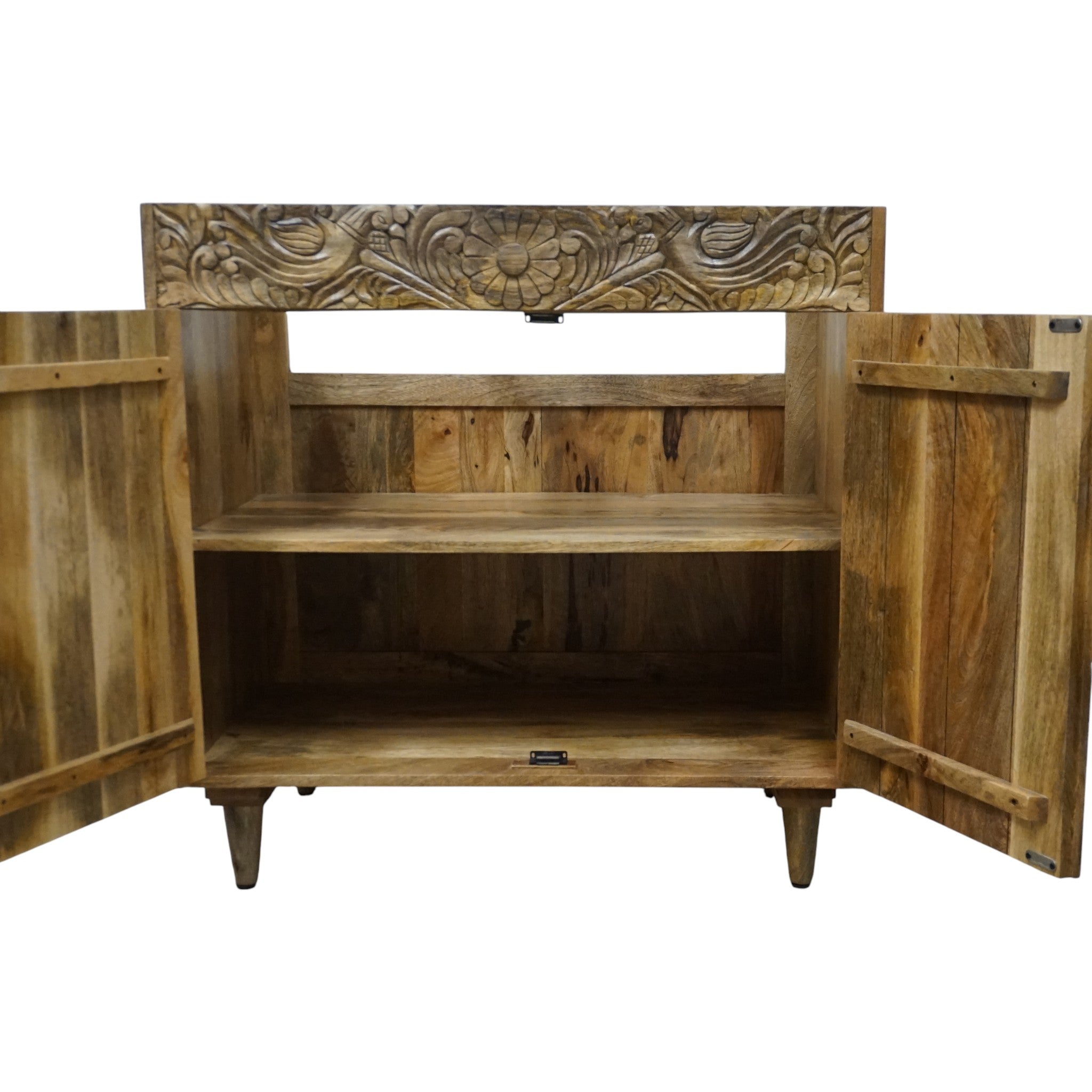 Natural Wood Bathroom Vanity Hand-Carved with Marble Top and Basin