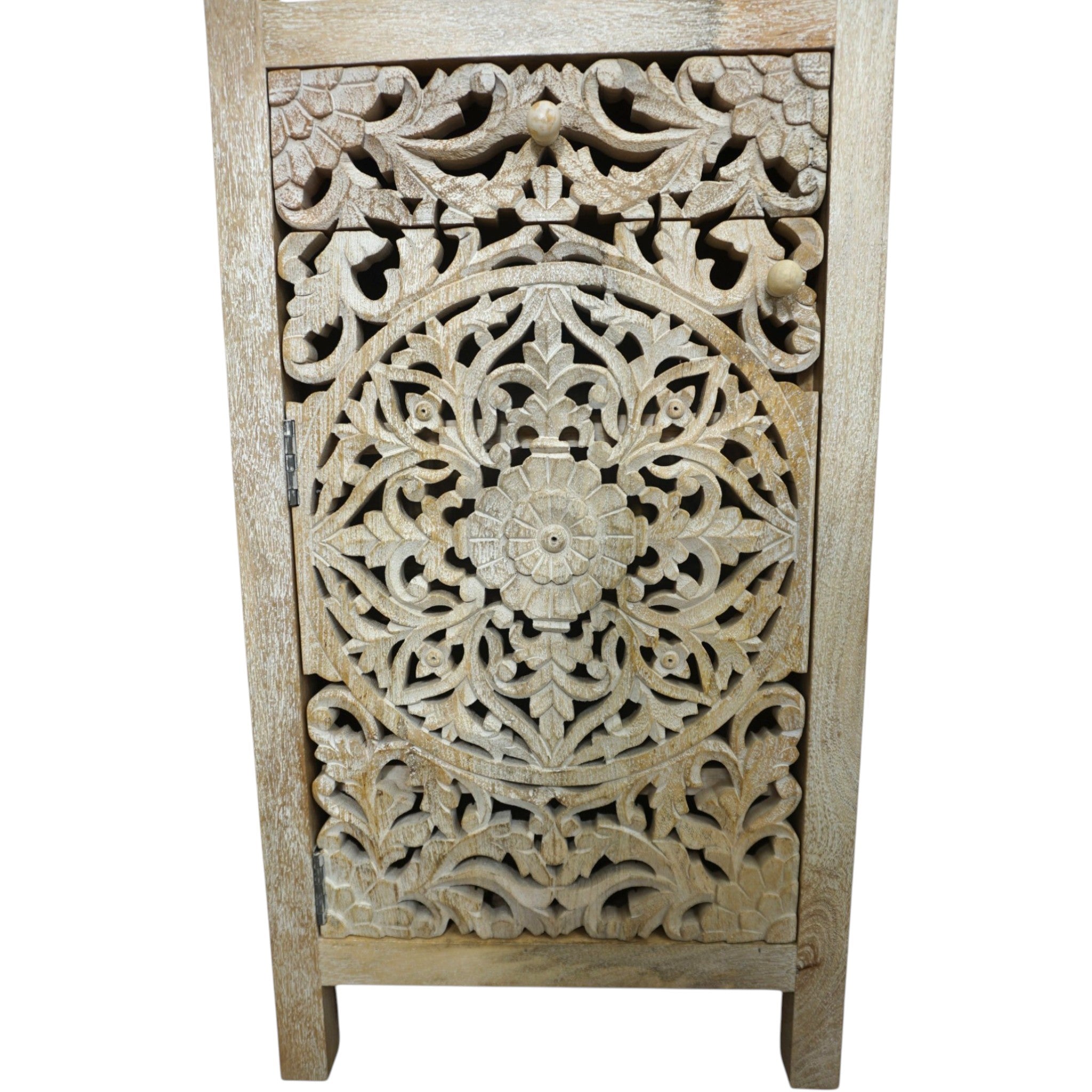 Handcrafted Mango Wood Linen Tower Cabinet | Hand-Carved Cutout Doors