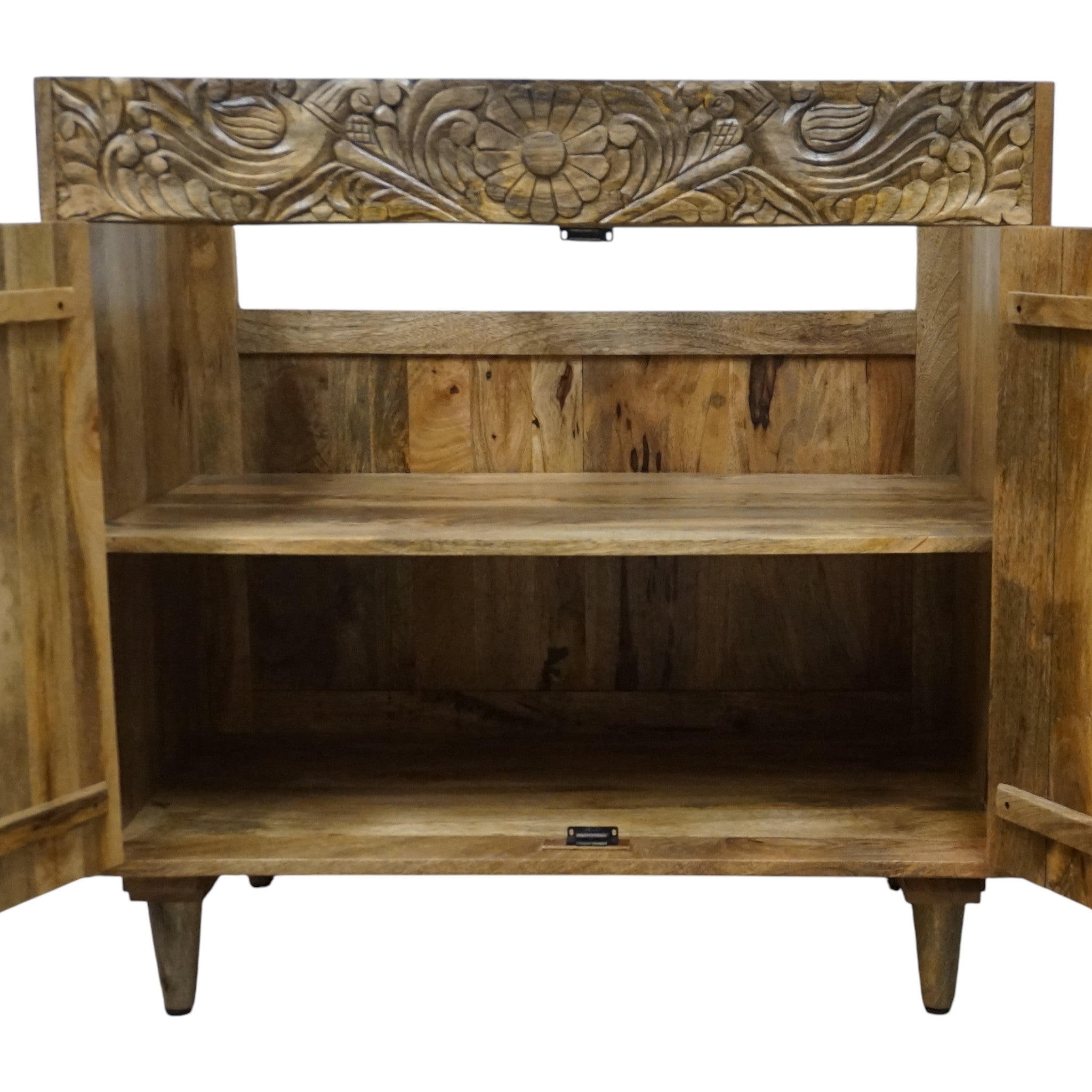Natural Wood Bathroom Vanity Hand-Carved with Marble Top and Basin