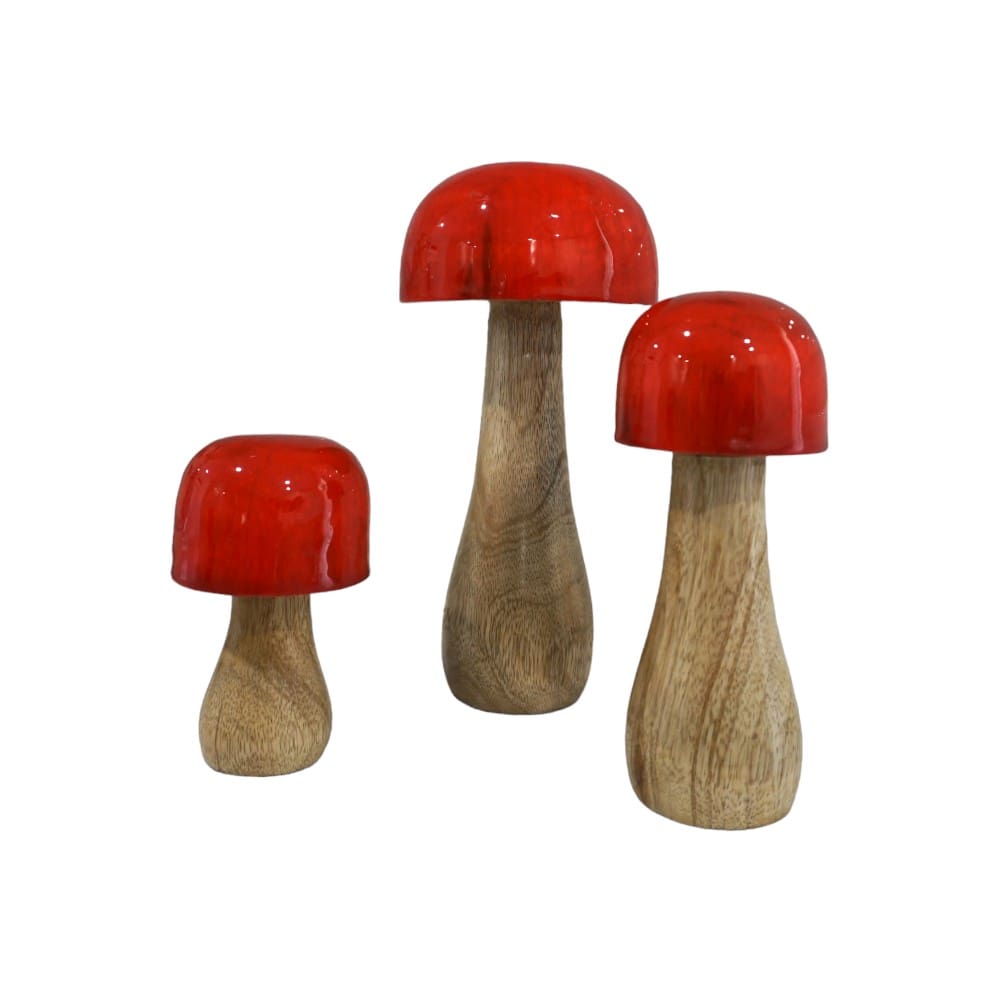 Hand-crafted Whimsical Wooden Mushrooms Set of 3 Red image 1