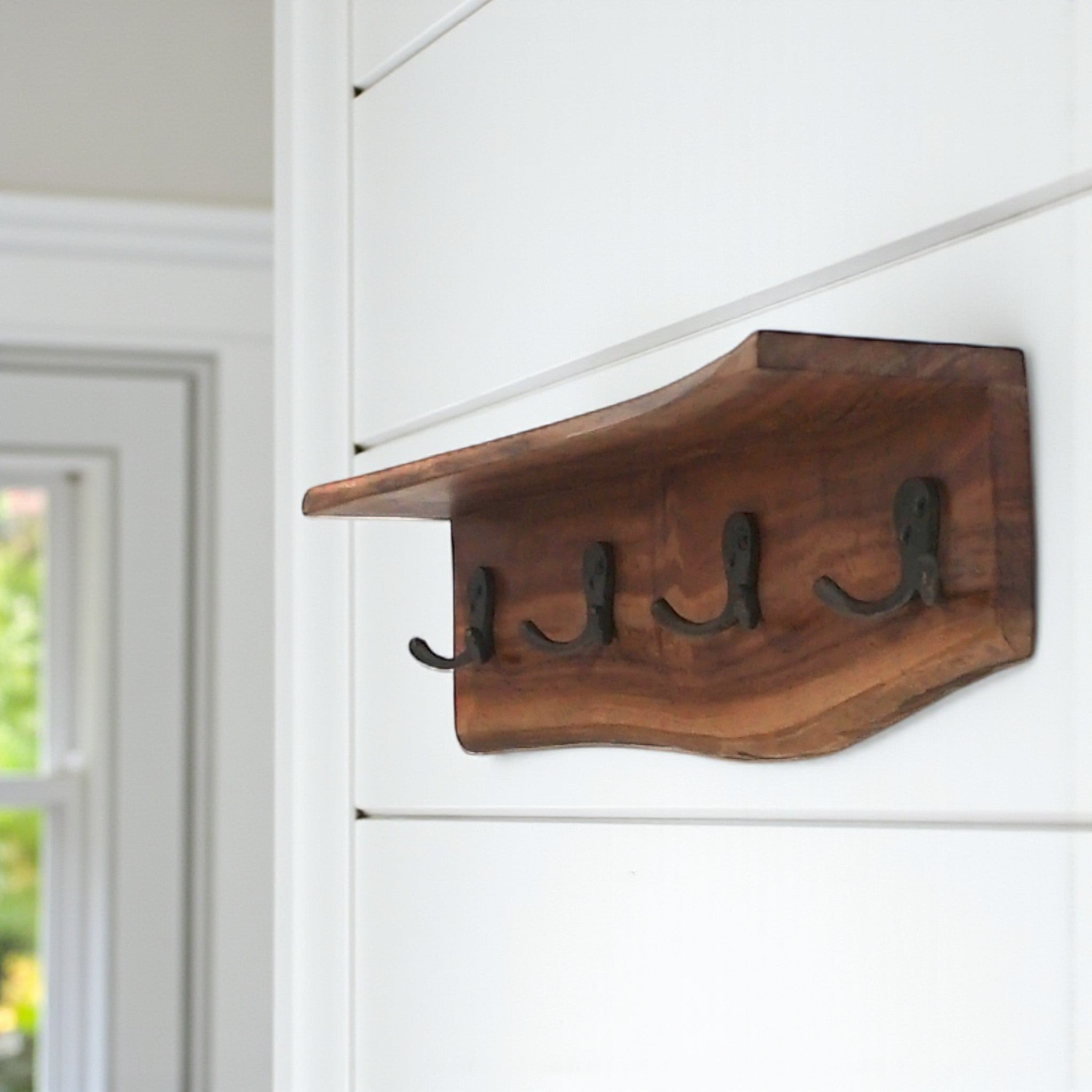 Handmade Live Edge Acacia Wood Coat Rack with Shelf & 4 Double Hooks | Wall Mounted