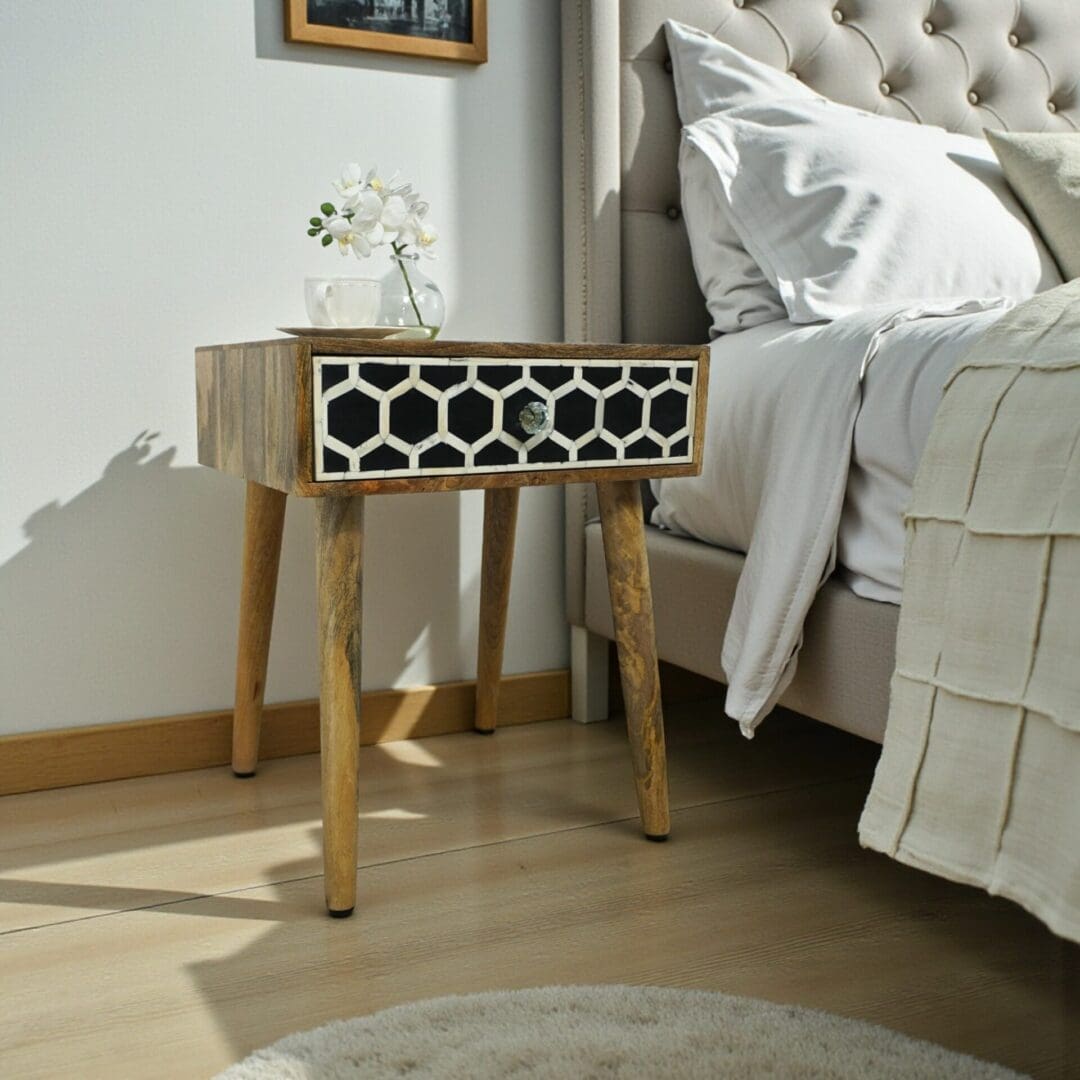 Hand Crafted Solid Wood Side Table with Bone Inlay Drawer image 0