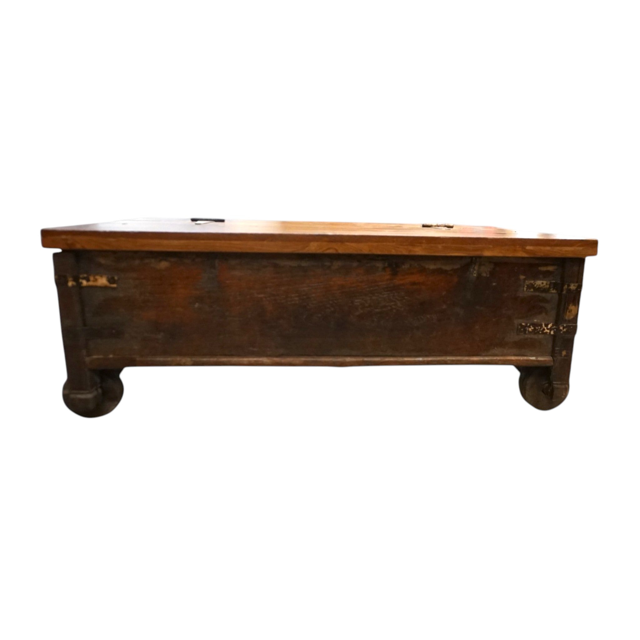 Handcrafted Large Reclaimed Wood Trunk Coffee Table | Storage & Wooden Wheels