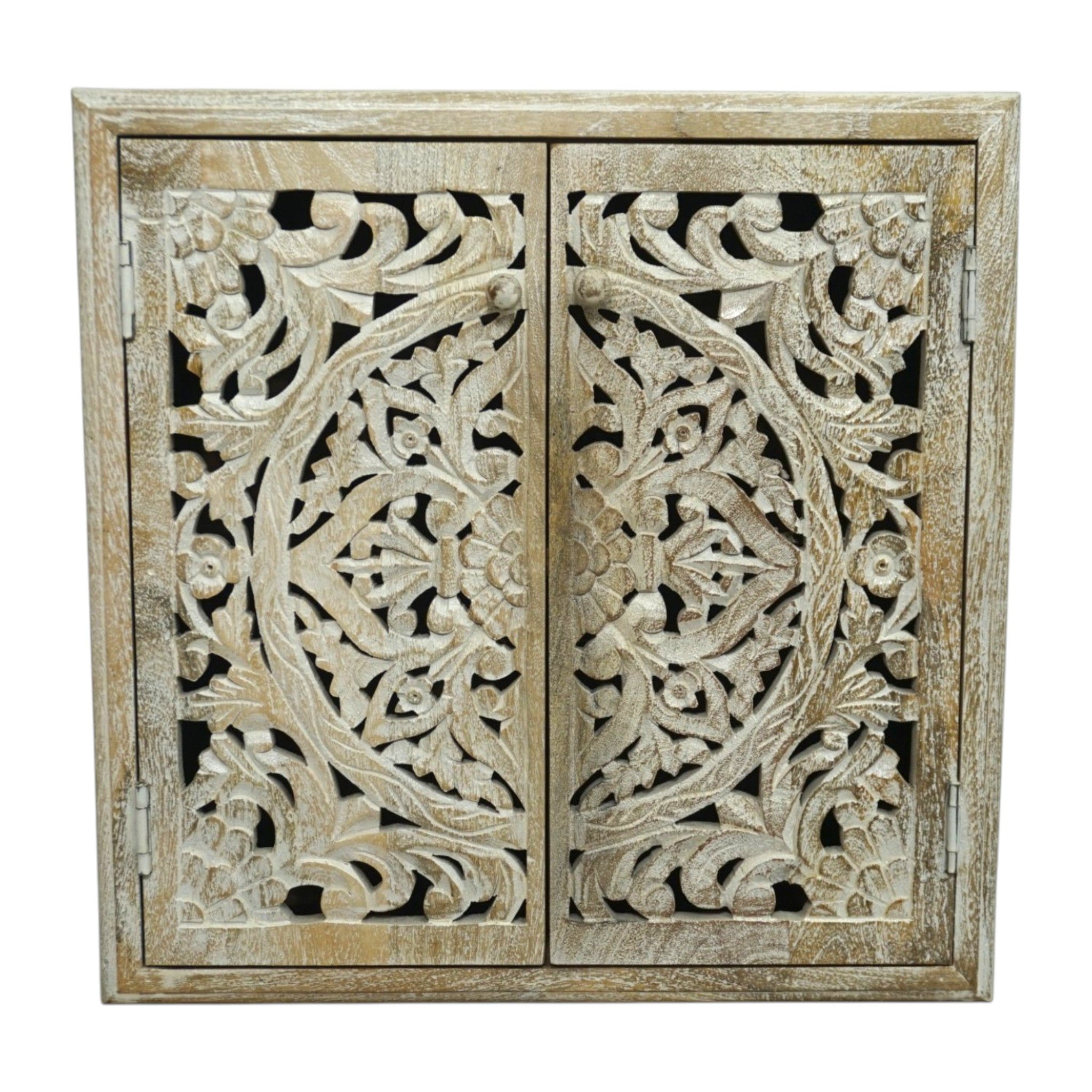 Handcrafted Mango Wood Bathroom Medicine Cabinet | Hand-Carved Cutout Doors