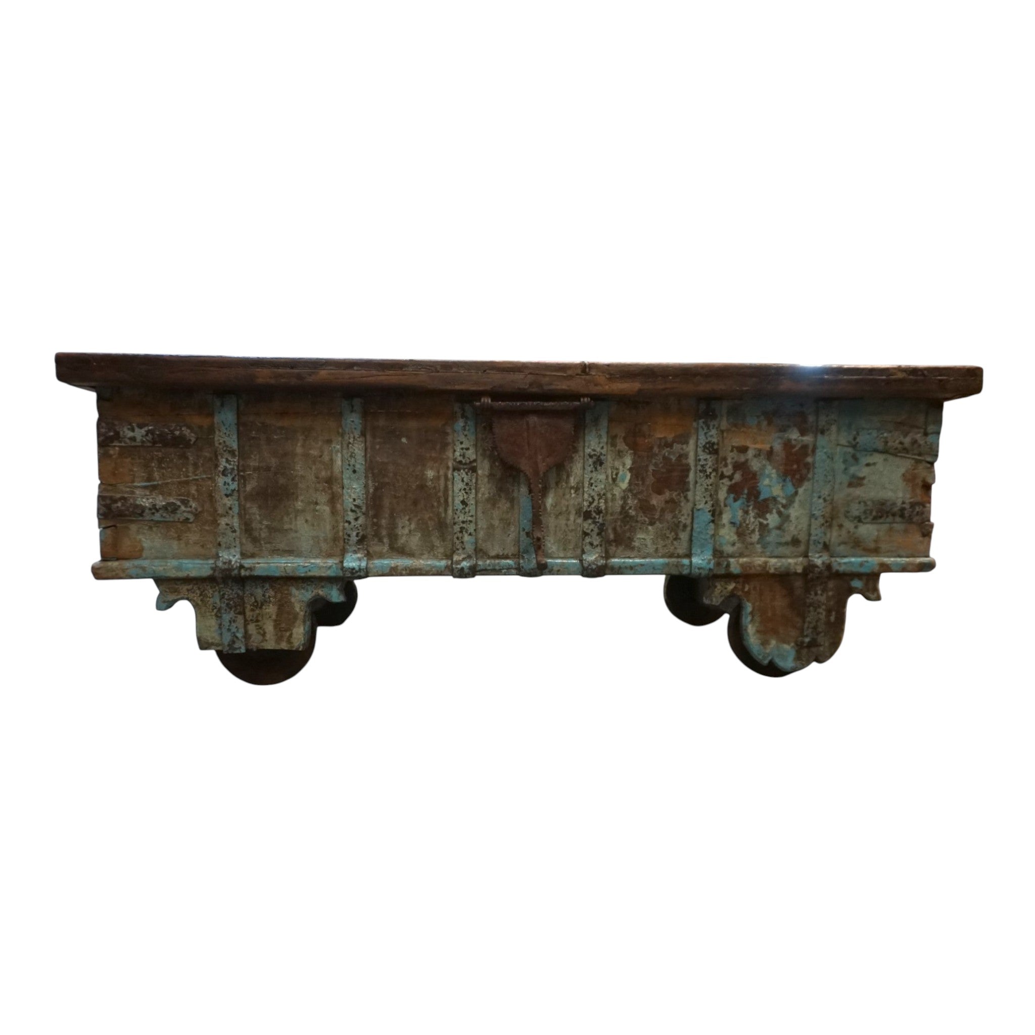 Handcrafted Large Reclaimed Wood Trunk Coffee Table | Storage & Wooden Wheels