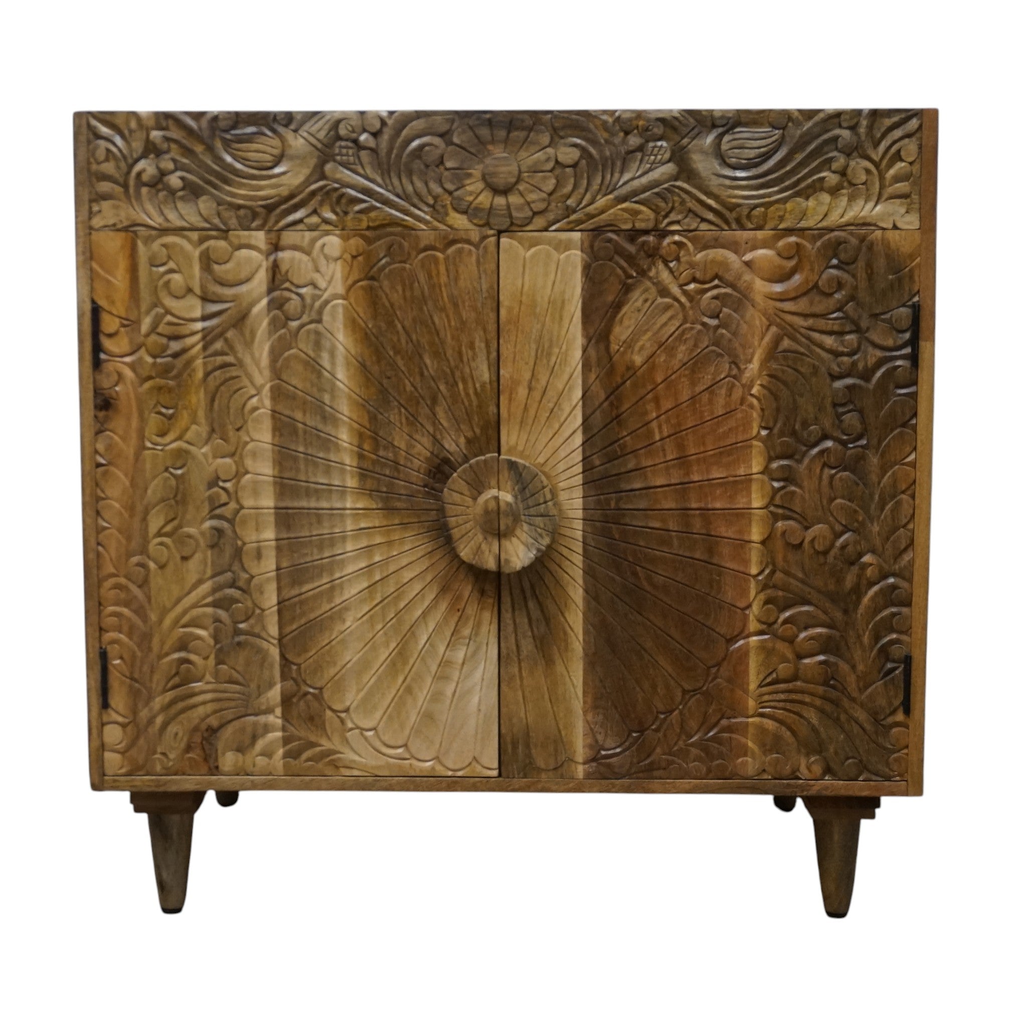 Natural Wood Bathroom Vanity Hand-Carved with Marble Top and Basin