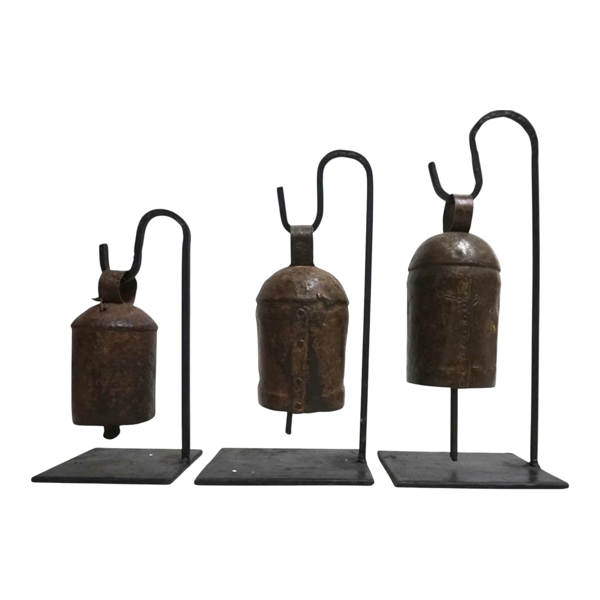 Handcrafted Set of 3 Vintage Bells on Iron Stands | Rustic & Artisan Home Decor