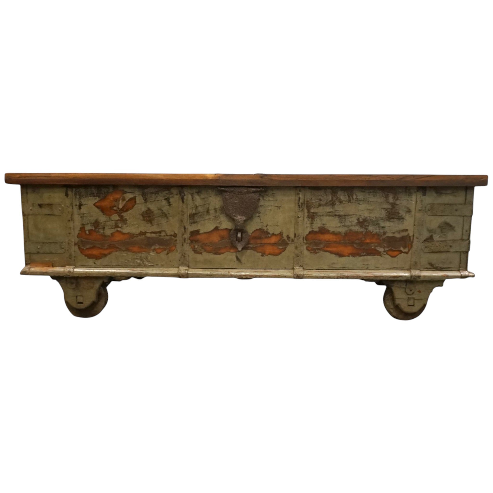Handcrafted Large Reclaimed Wood Trunk Coffee Table | Storage & Wooden Wheels
