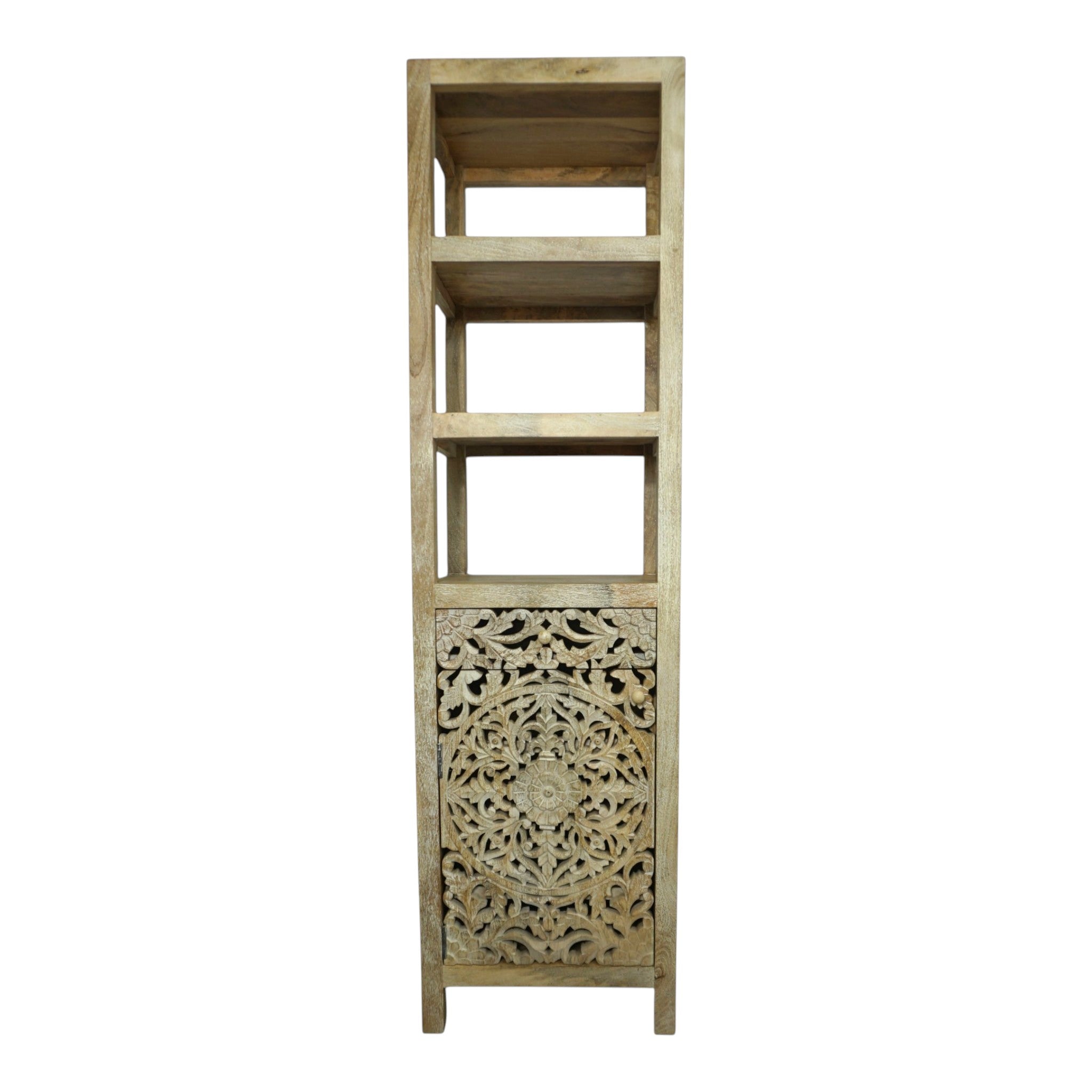 Handcrafted Mango Wood Linen Tower Cabinet | Hand-Carved Cutout Doors
