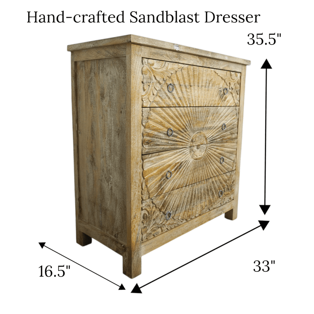 Hand-Carved Four Drawer Sandblast Wood Dresser image 10