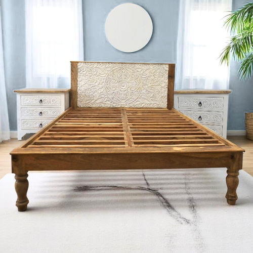 Hand-Carved King Bedframe Natural Whitewash Floral image 0