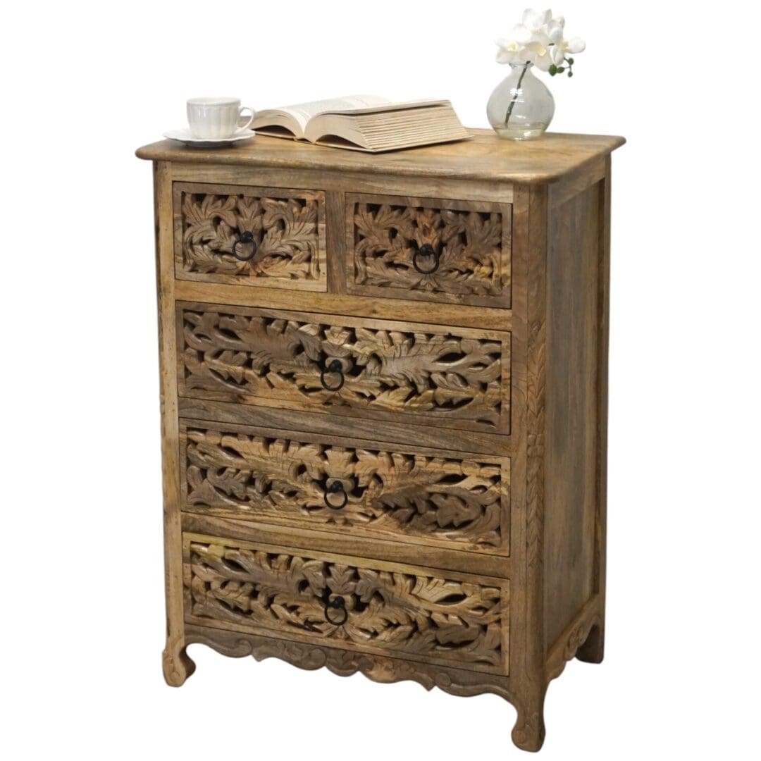 Hand-carved Natural Wood 5-Drawer Dresser image 14