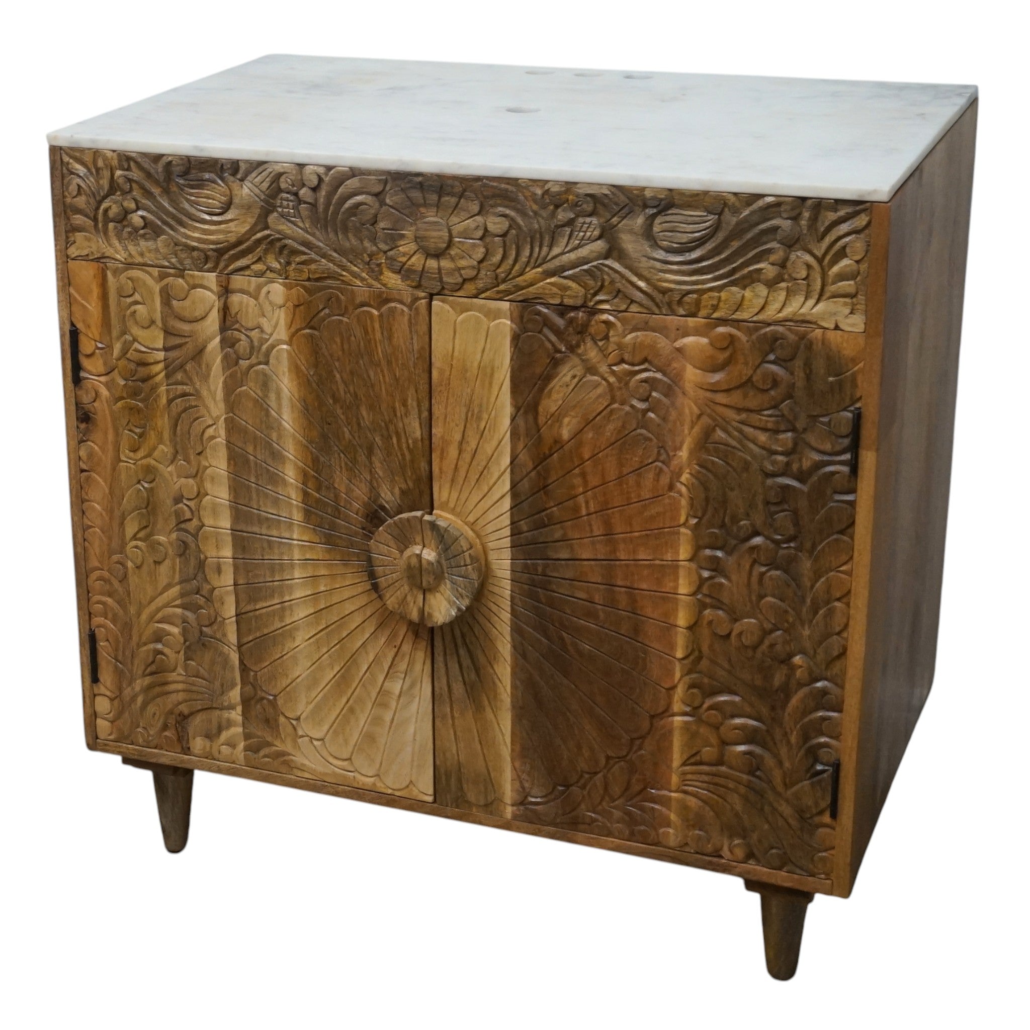 Natural Wood Bathroom Vanity Hand-Carved with Marble Top and Basin