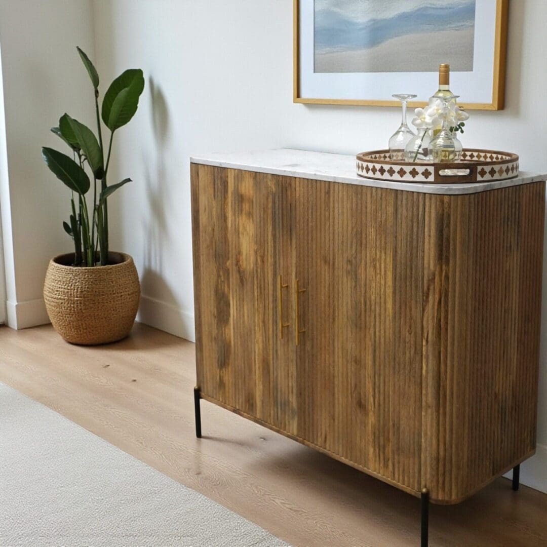 Natural Fluted Mango Wood Sideboard with a Marble Top image 0