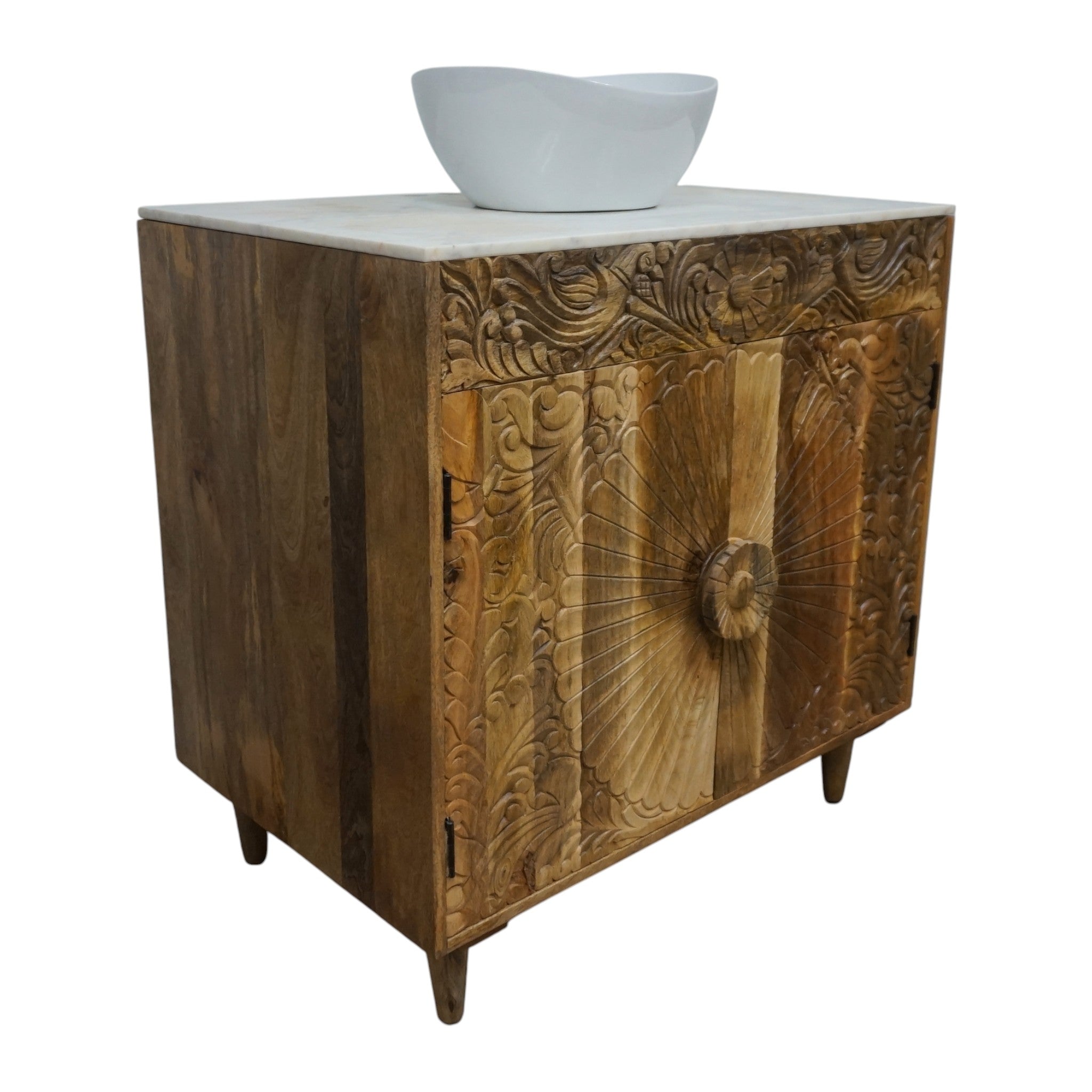 Natural Wood Bathroom Vanity Hand-Carved with Marble Top and Basin