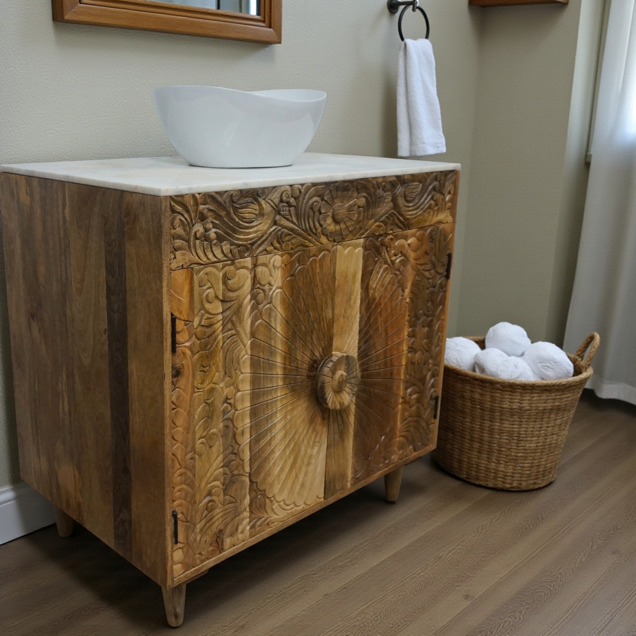 Natural Wood Bathroom Vanity Hand-Carved with Marble Top and Basin