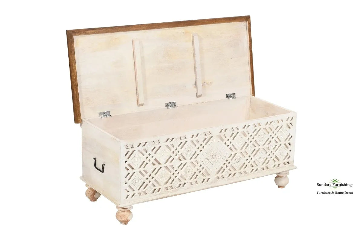 Hand-Carved Geometric Cut-Out Bench Trunk image 2