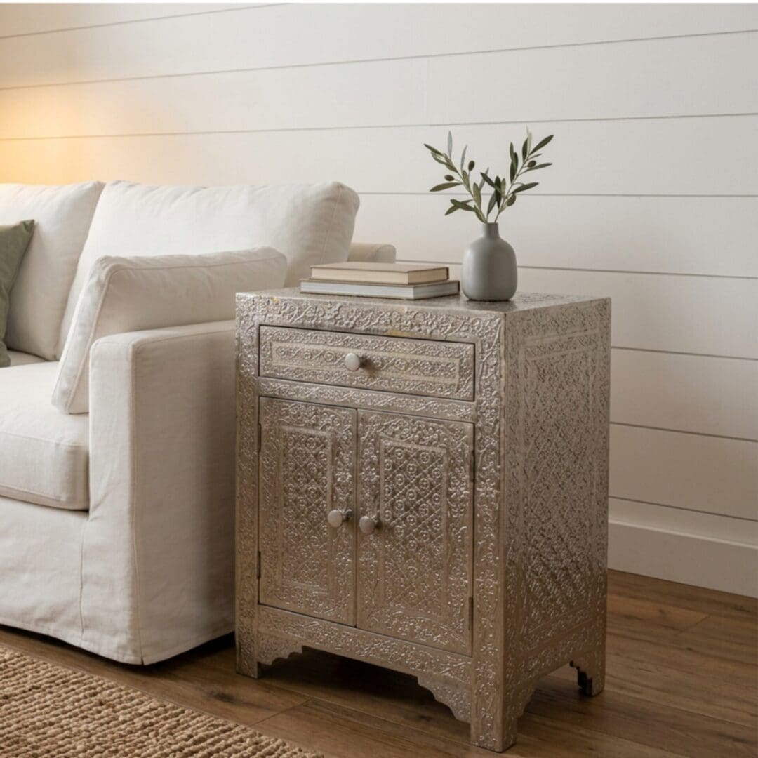 White Metal Side Table Hand-Embossed image 9