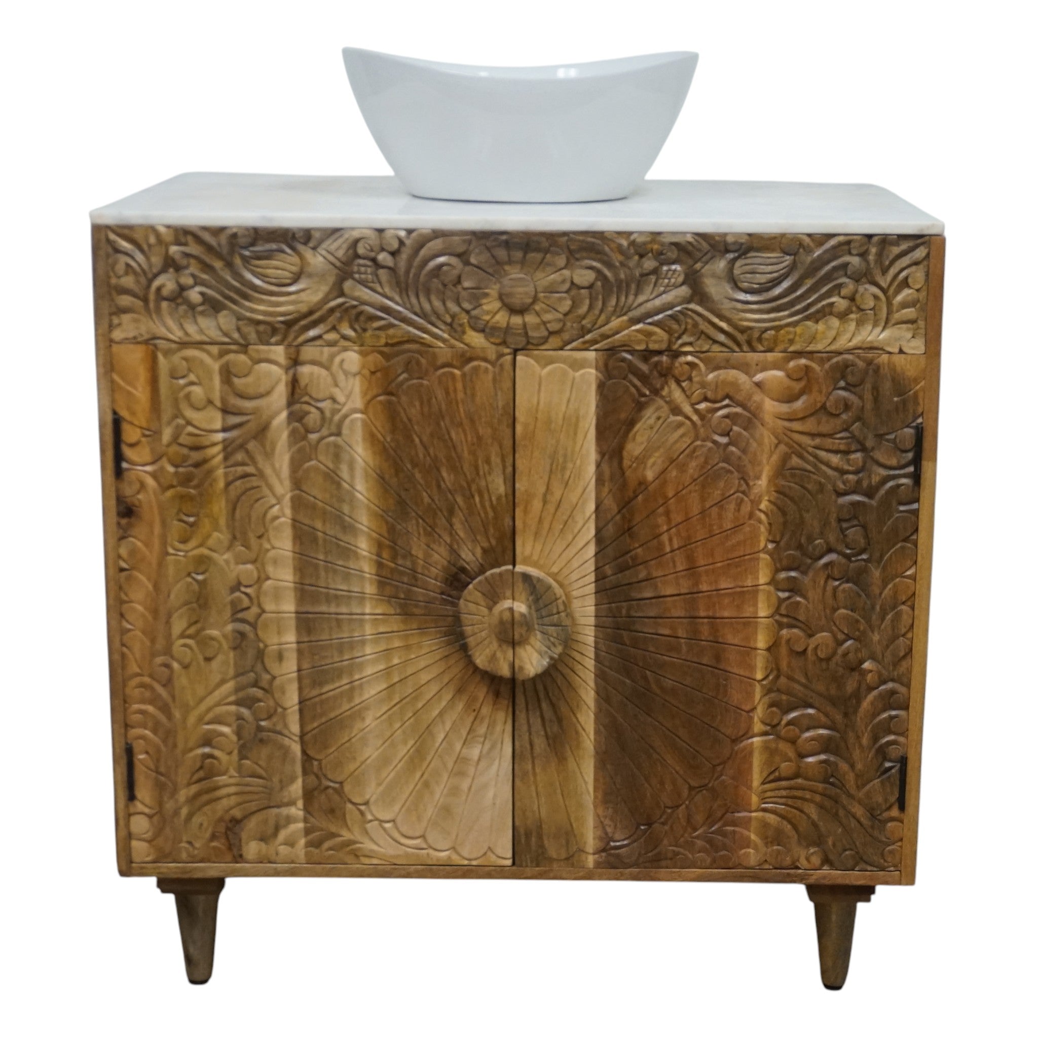Natural Wood Bathroom Vanity Hand-Carved with Marble Top and Basin