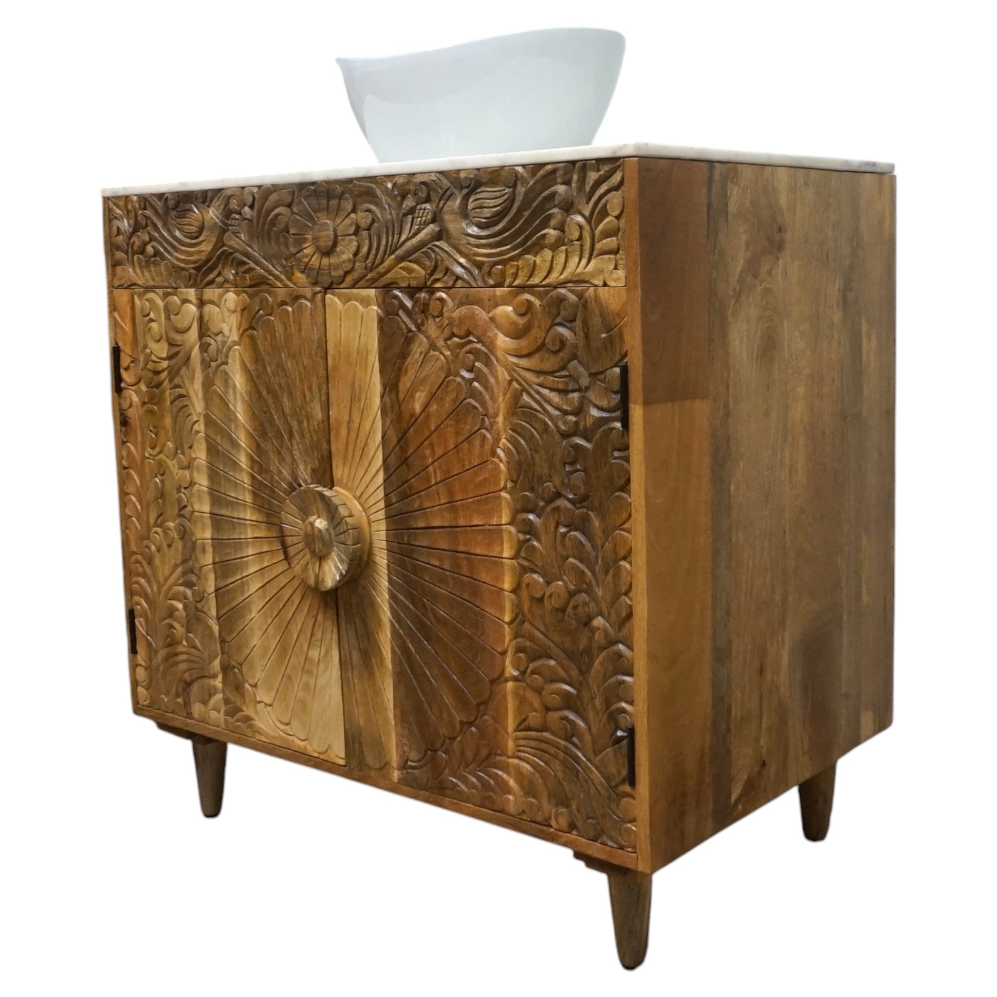 Natural Wood Bathroom Vanity Hand-Carved with Marble Top and Basin