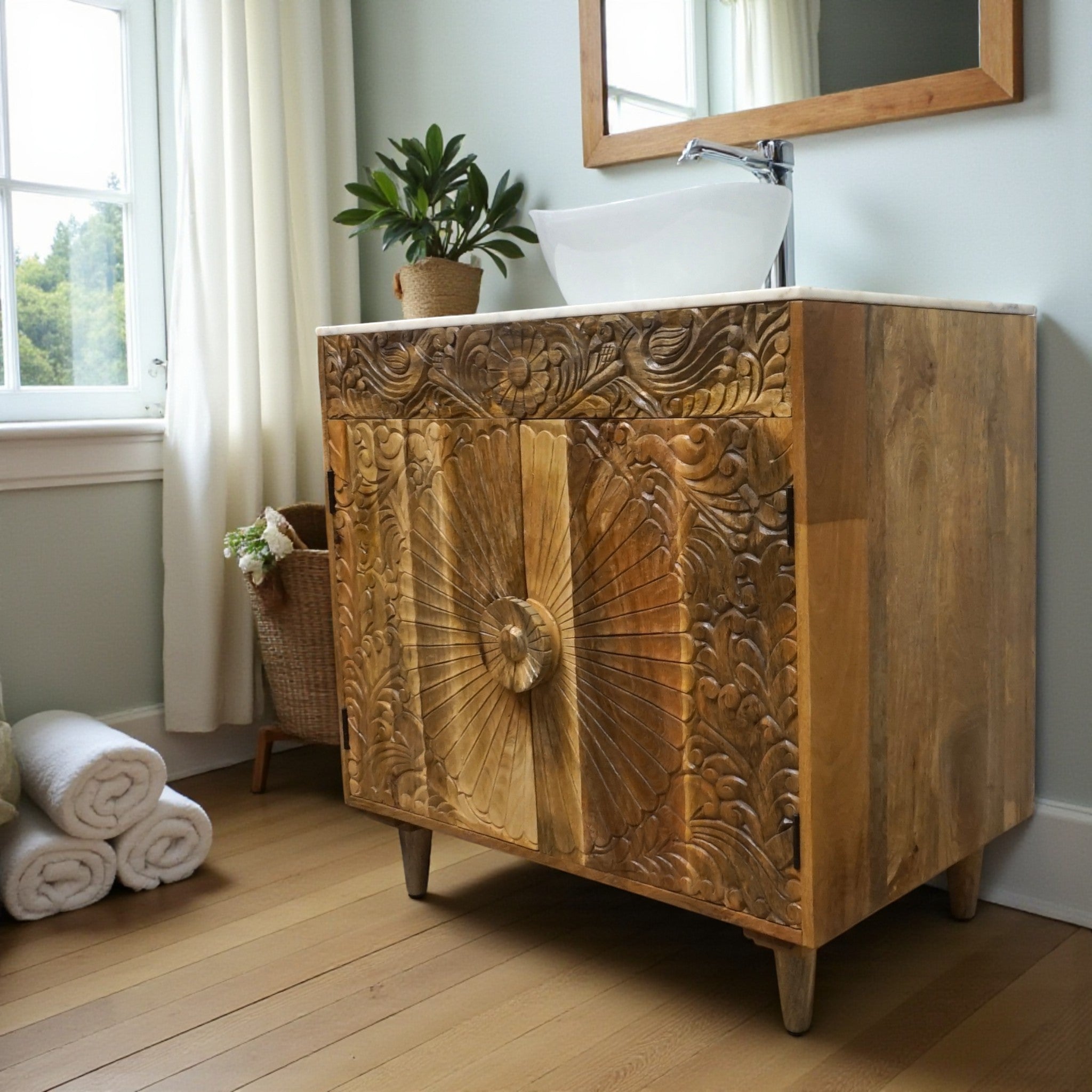 Natural Wood Bathroom Vanity Hand-Carved with Marble Top and Basin