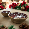 Set of 2 Winter Bowls in Natural Wood with Red and White Enamel image 0