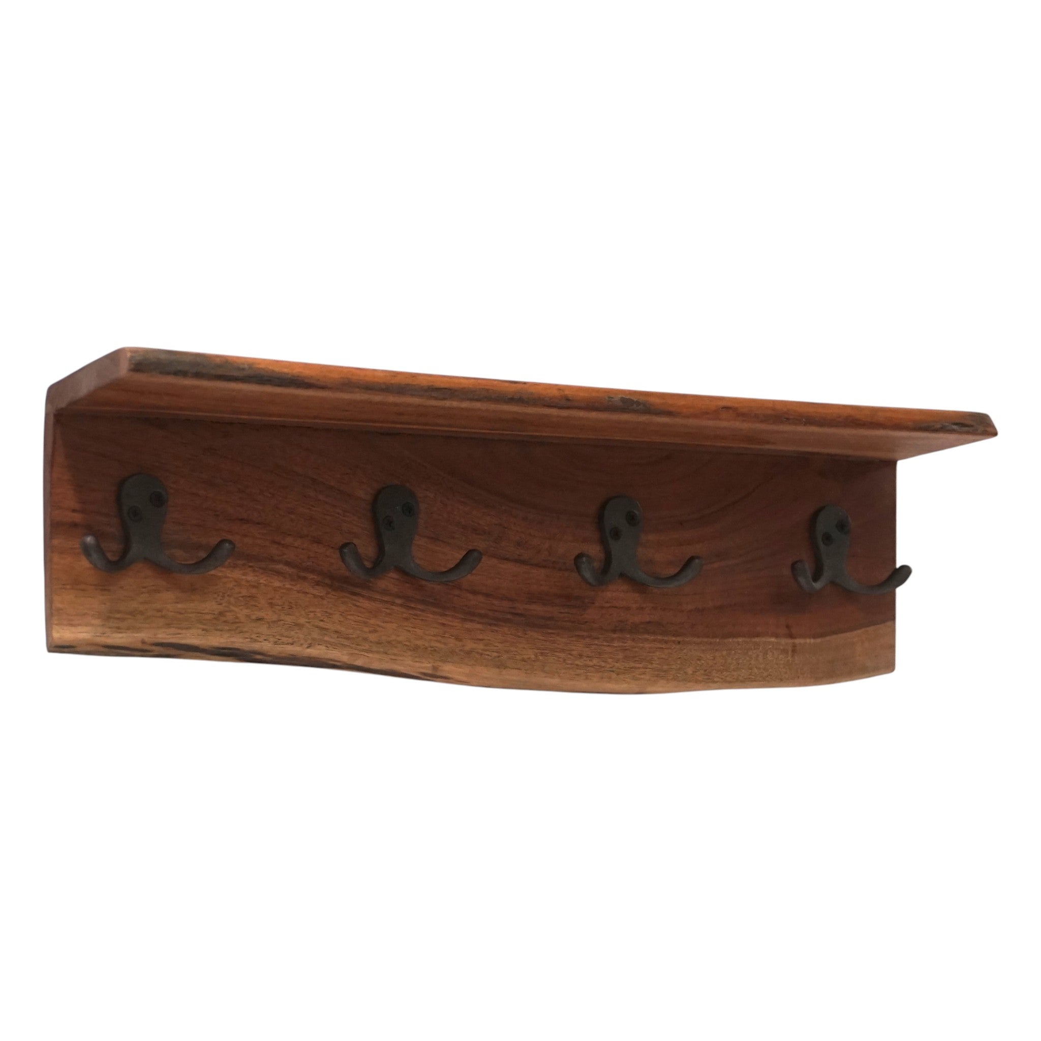Handmade Live Edge Acacia Wood Coat Rack with Shelf & 4 Double Hooks | Wall Mounted