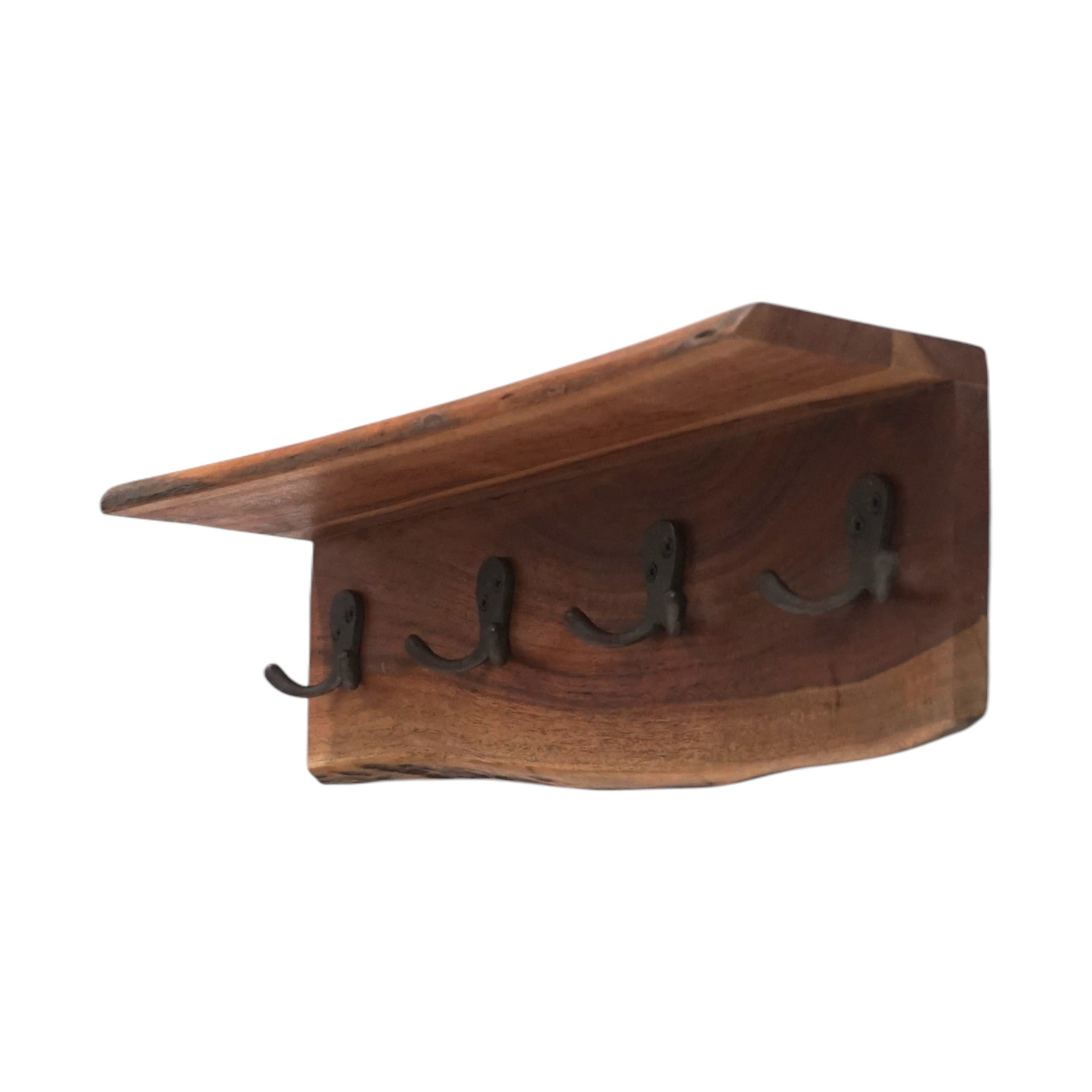 Handmade Live Edge Acacia Wood Coat Rack with Shelf & 4 Double Hooks | Wall Mounted