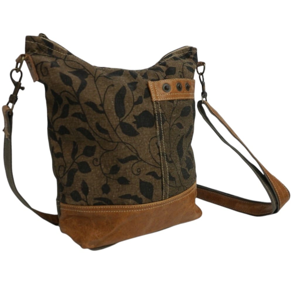 Cotton Canvas and Leather Floral Khaki Green Crossbody Bag image 3