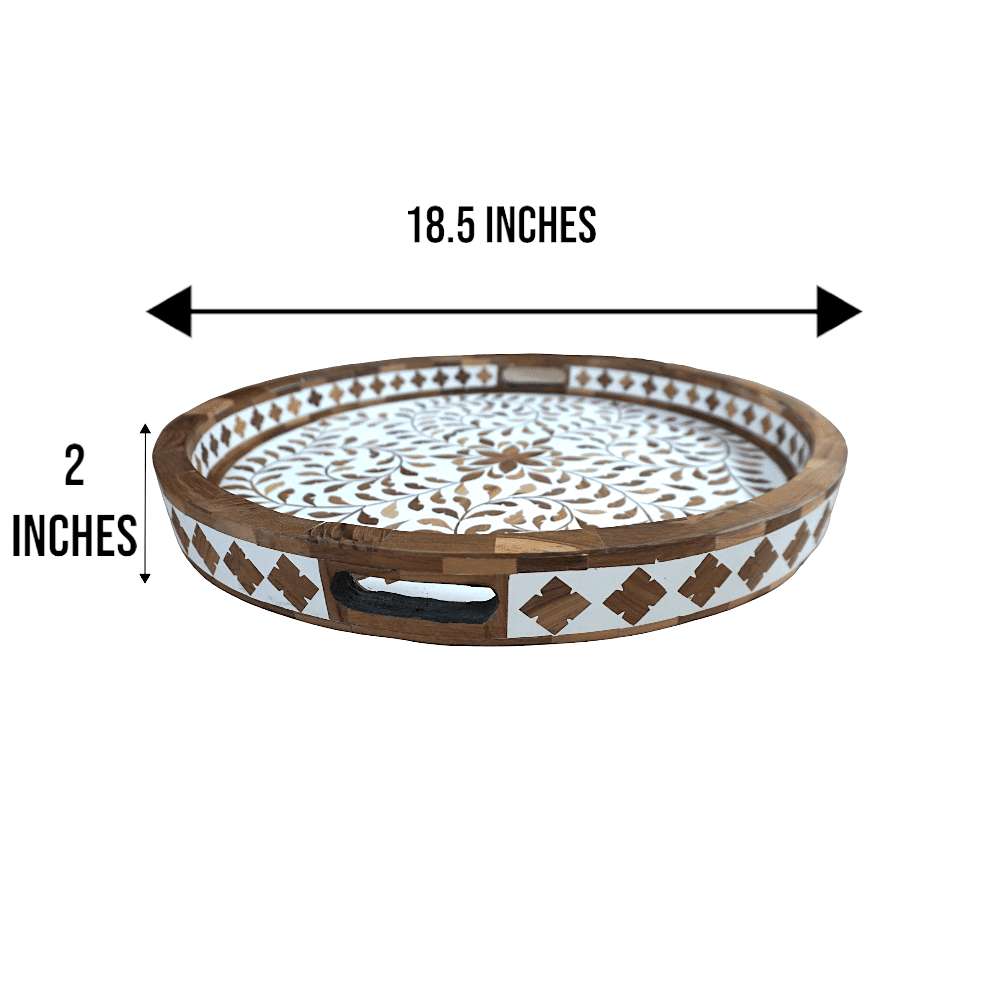 Round Decorative Teak Inlay Serving Tray image 7