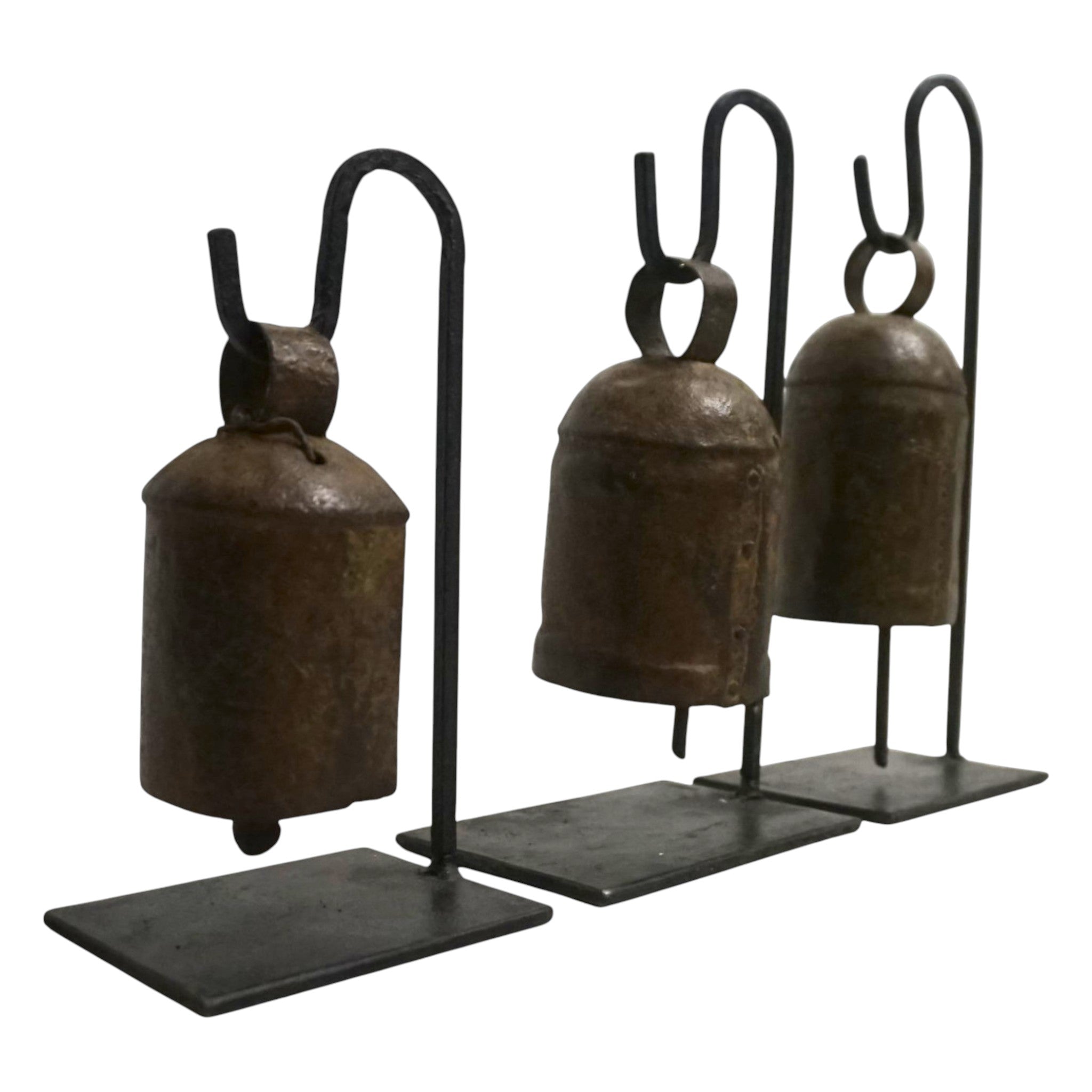 Handcrafted Set of 3 Vintage Bells on Iron Stands | Rustic & Artisan Home Decor